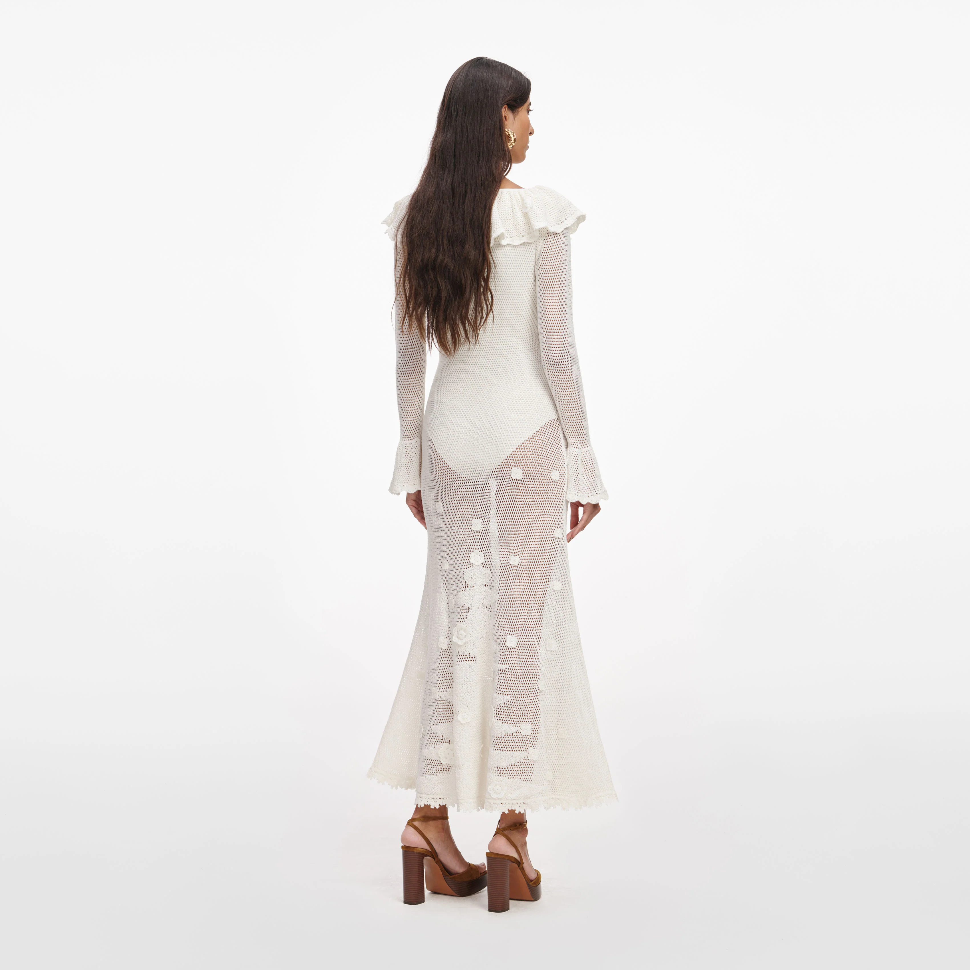 White Floral Crochet Midi Dress - Image 3
