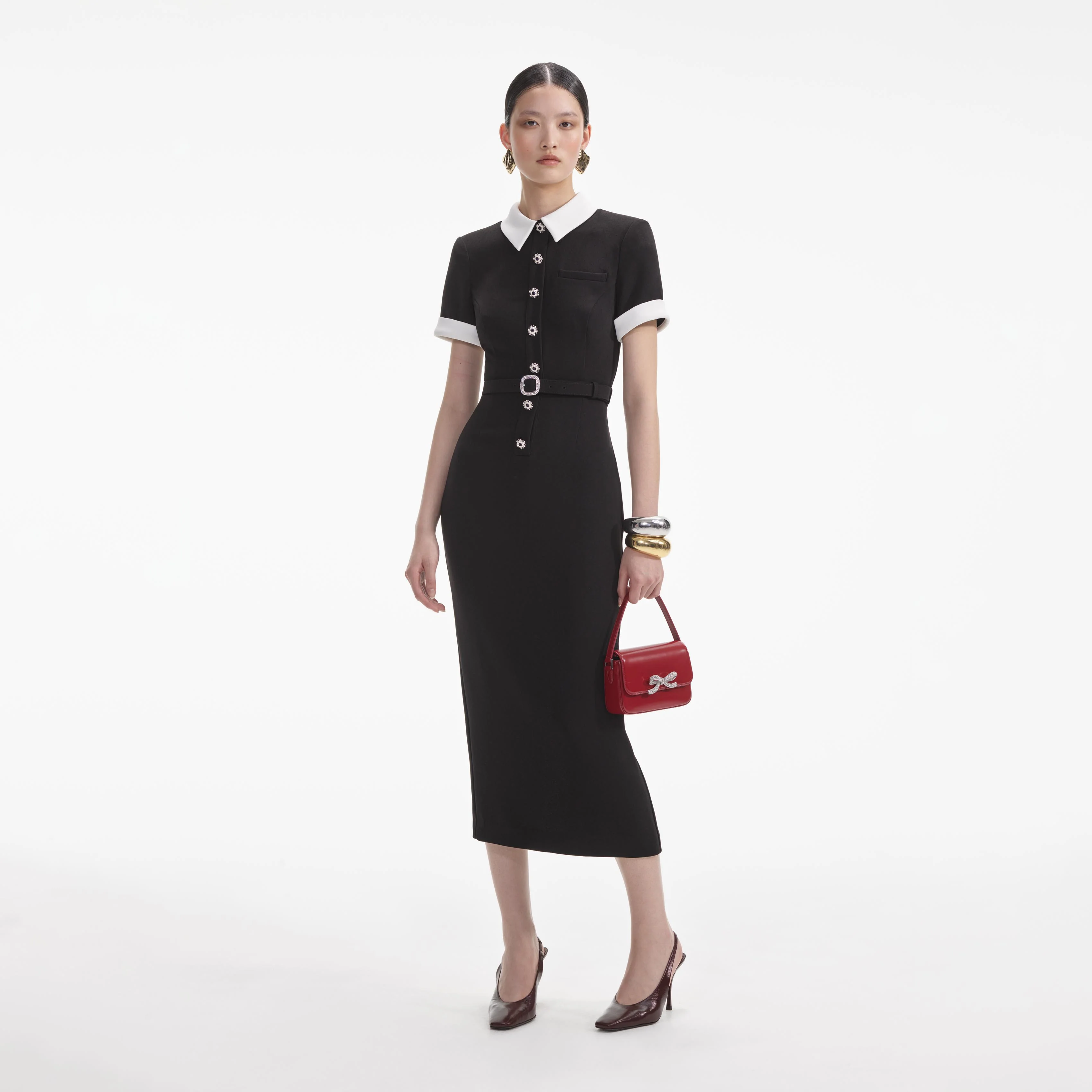 Black Crepe Contrast Midi Dress