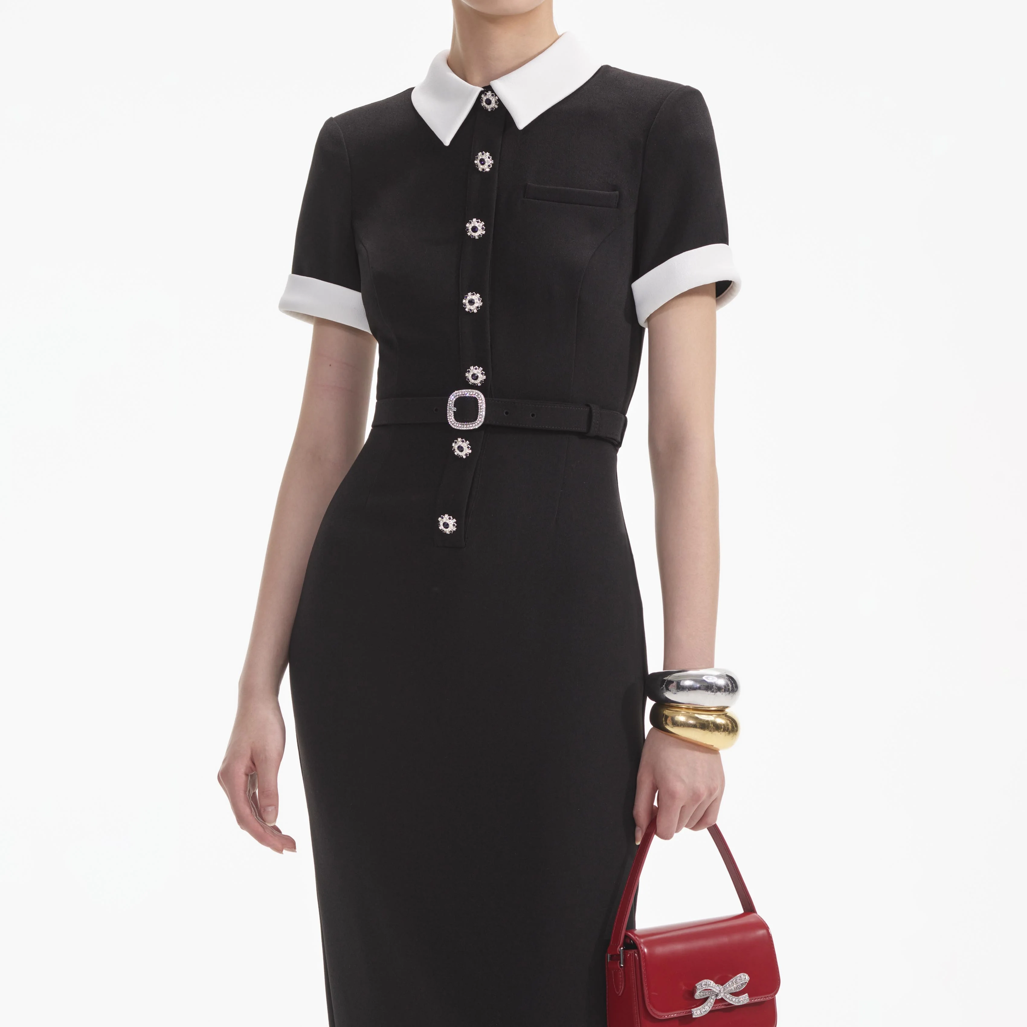 Black Crepe Contrast Midi Dress - Image 4