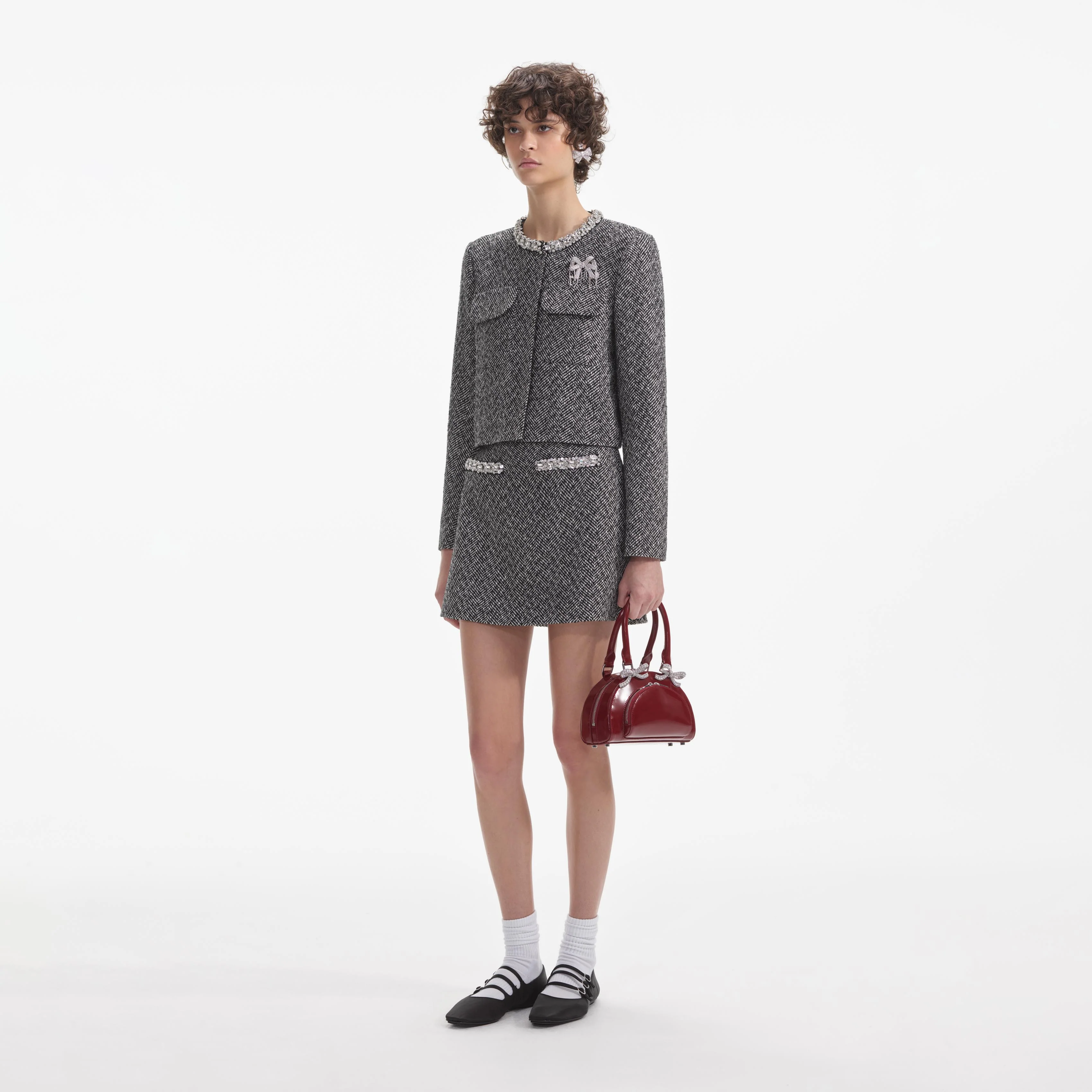 Black Herringbone Embellished Jacket - Image 2