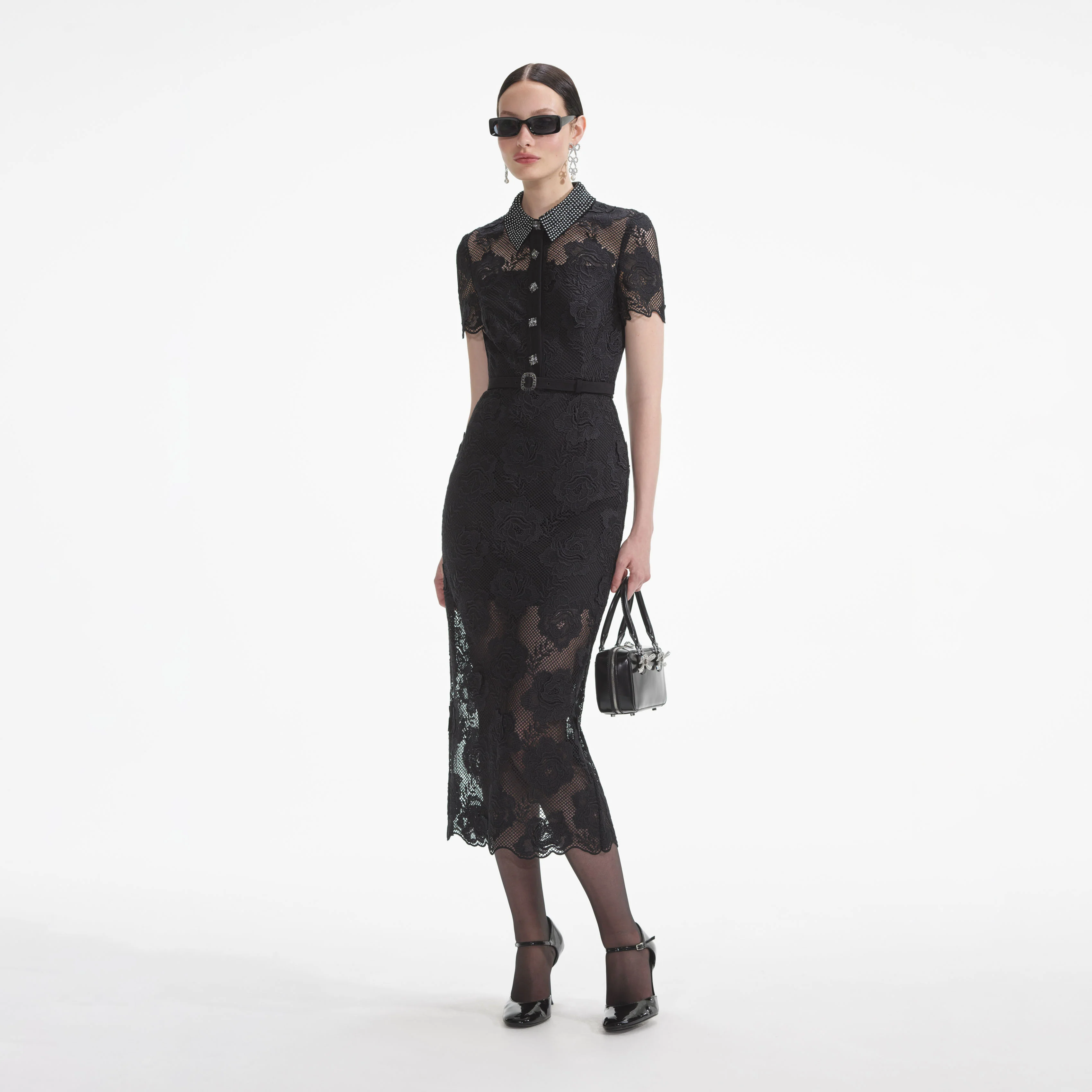 Black Lace Diamante Midi Dress - Image 2