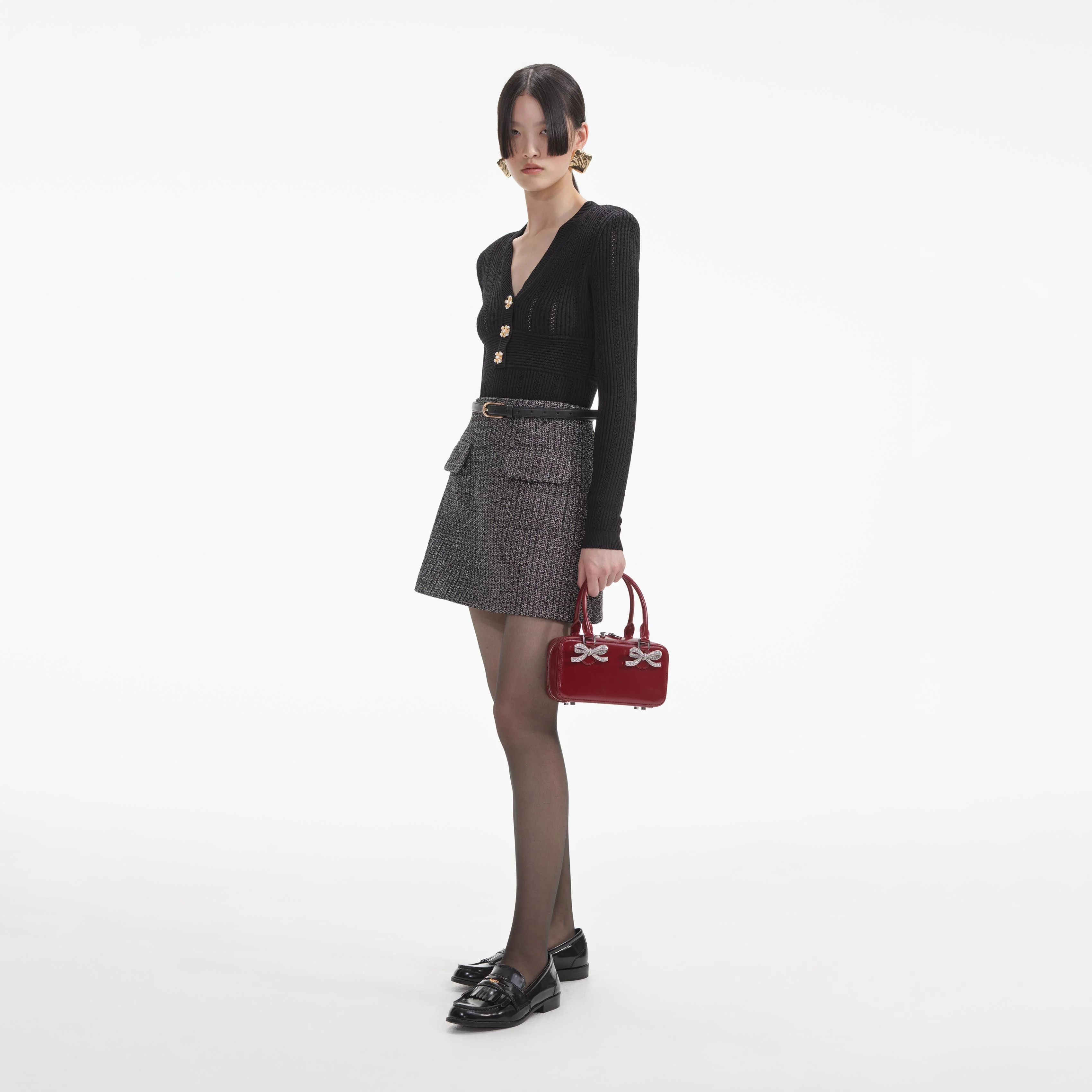 Black Fitted Pointelle Knit Top - Image 2