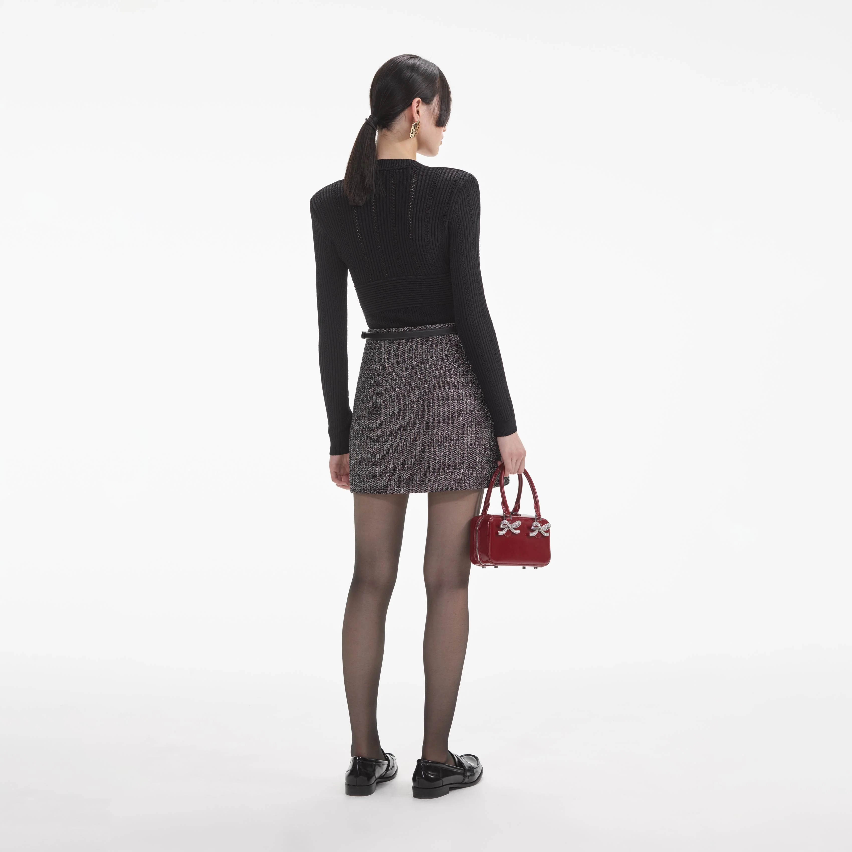 Black Fitted Pointelle Knit Top - Image 3