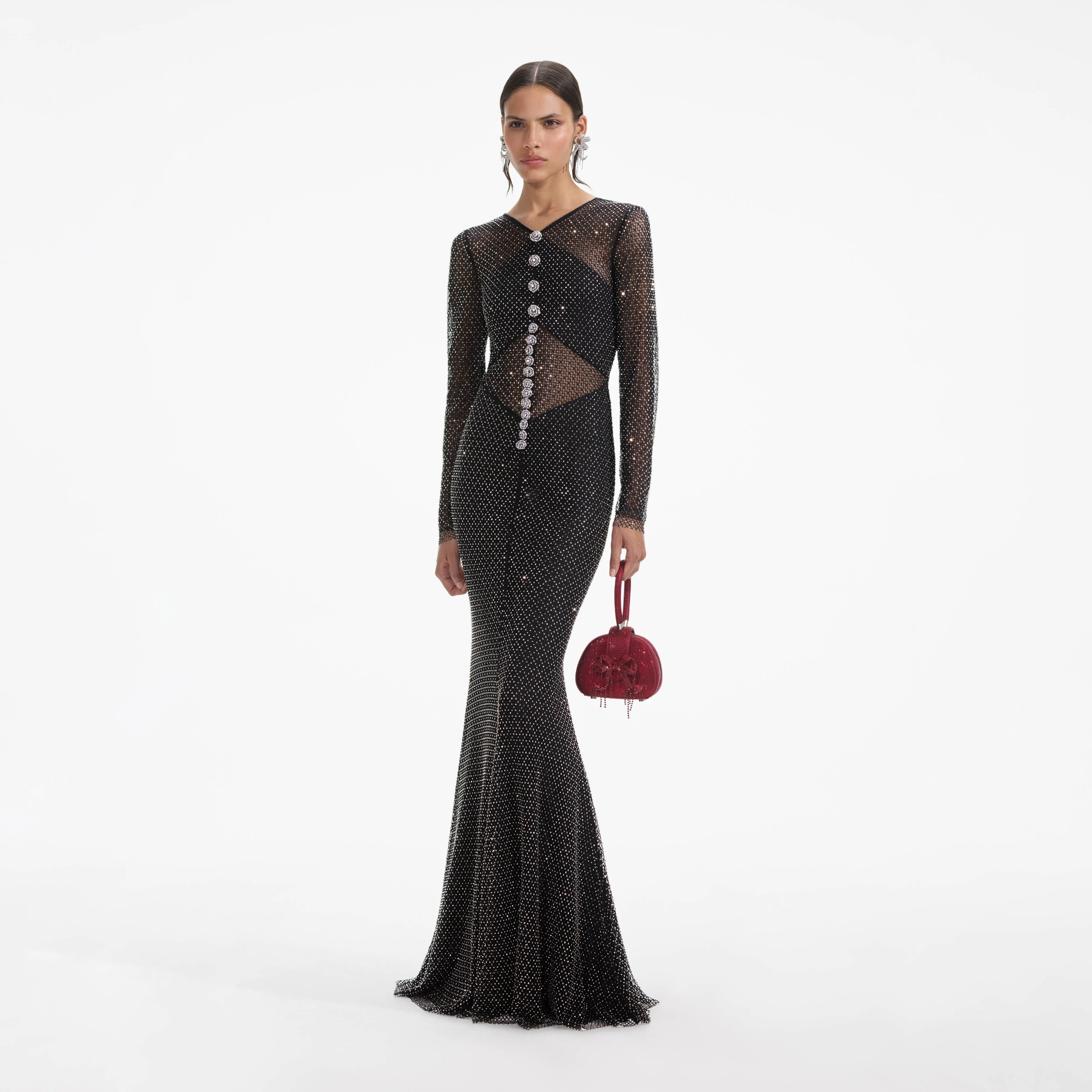 Black Rhinestone Fishnet Crossover Maxi Dress - Image 2