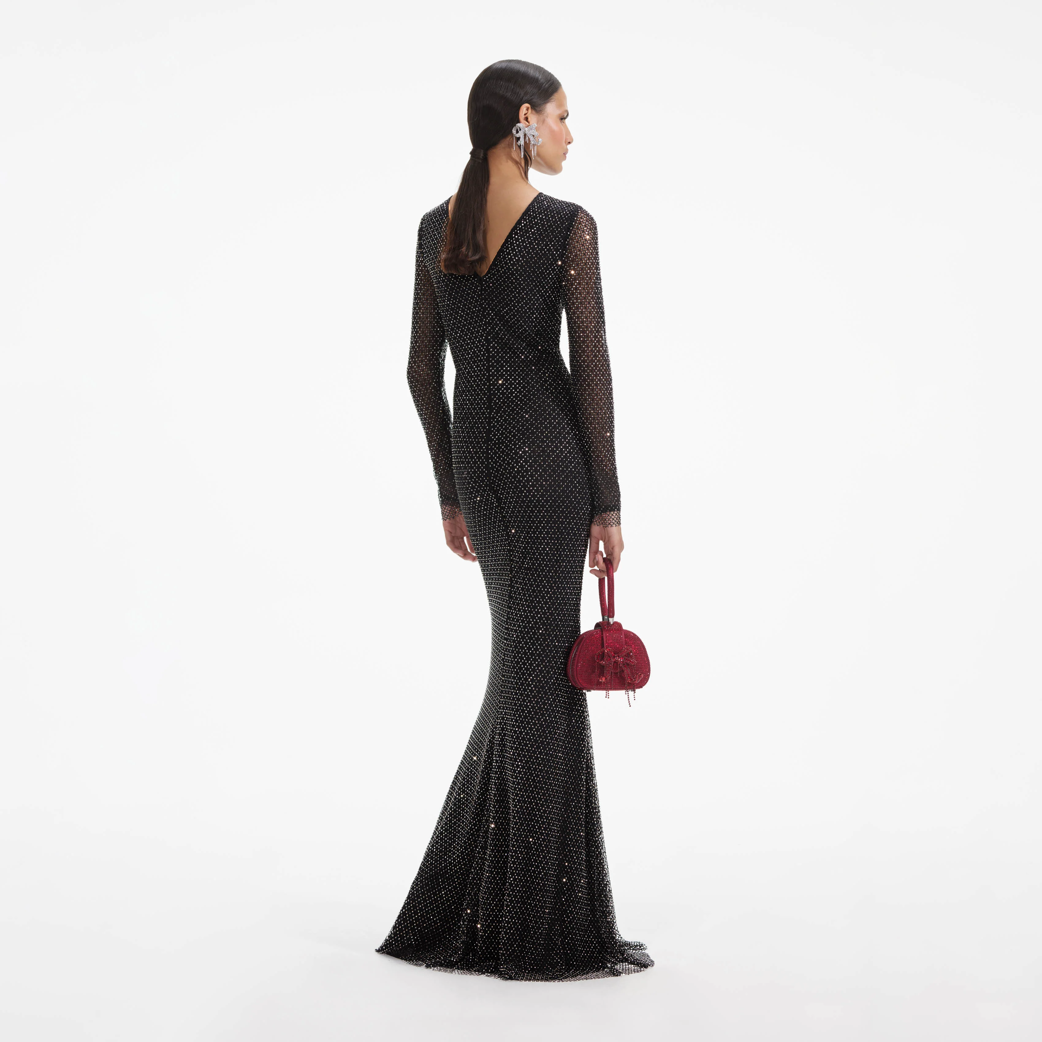 Black Rhinestone Fishnet Crossover Maxi Dress - Image 3