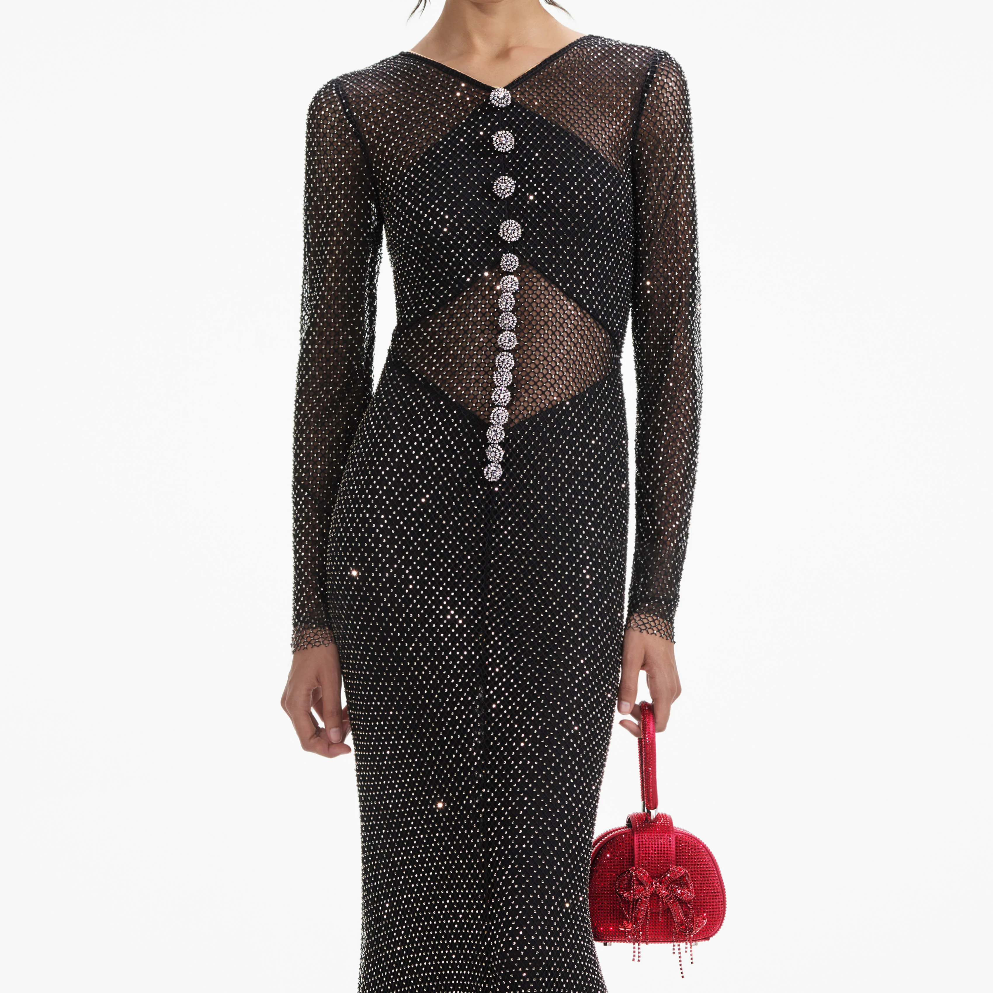Black Rhinestone Fishnet Crossover Maxi Dress - Image 4