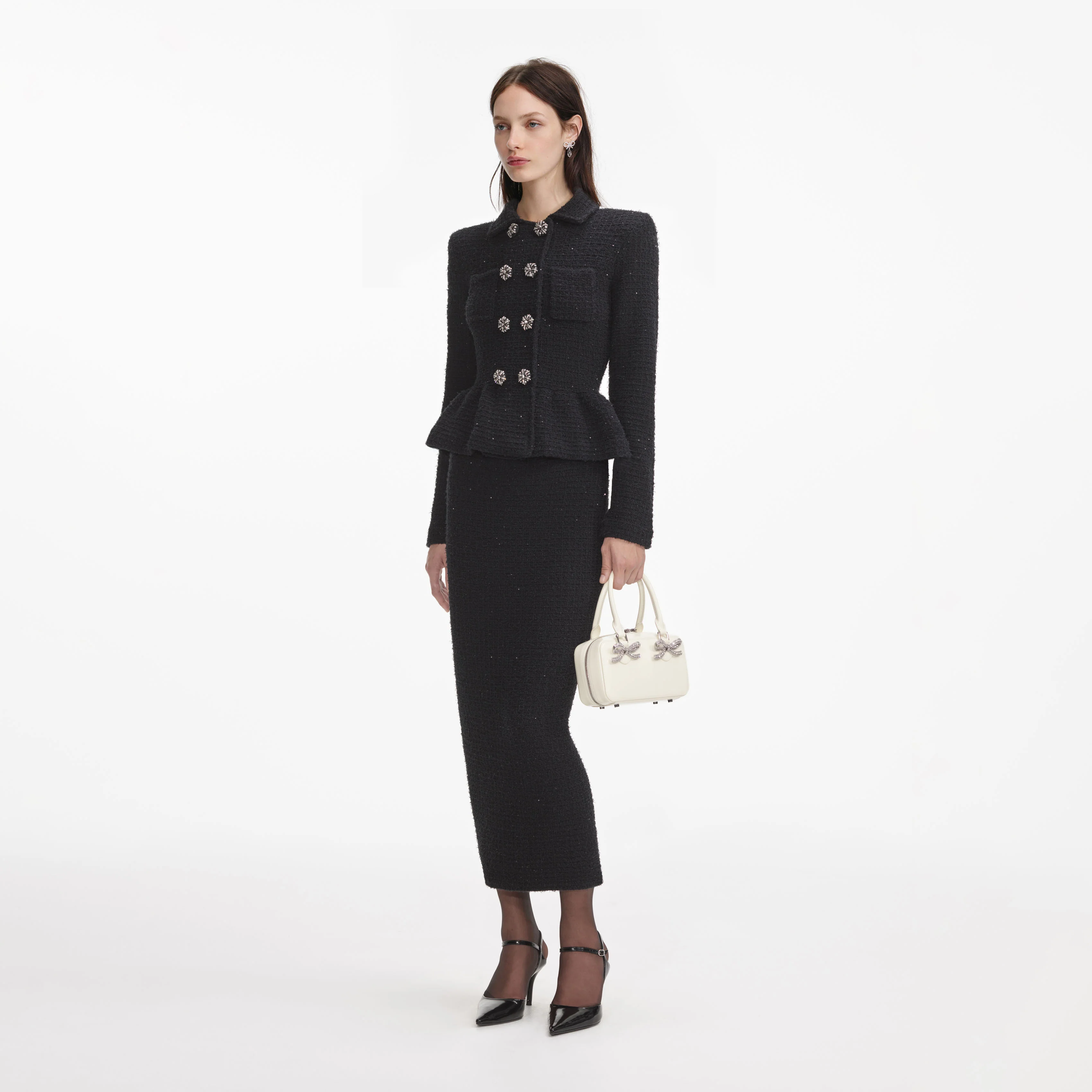 Black Textured Knit Peplum Midi Dress - Image 2