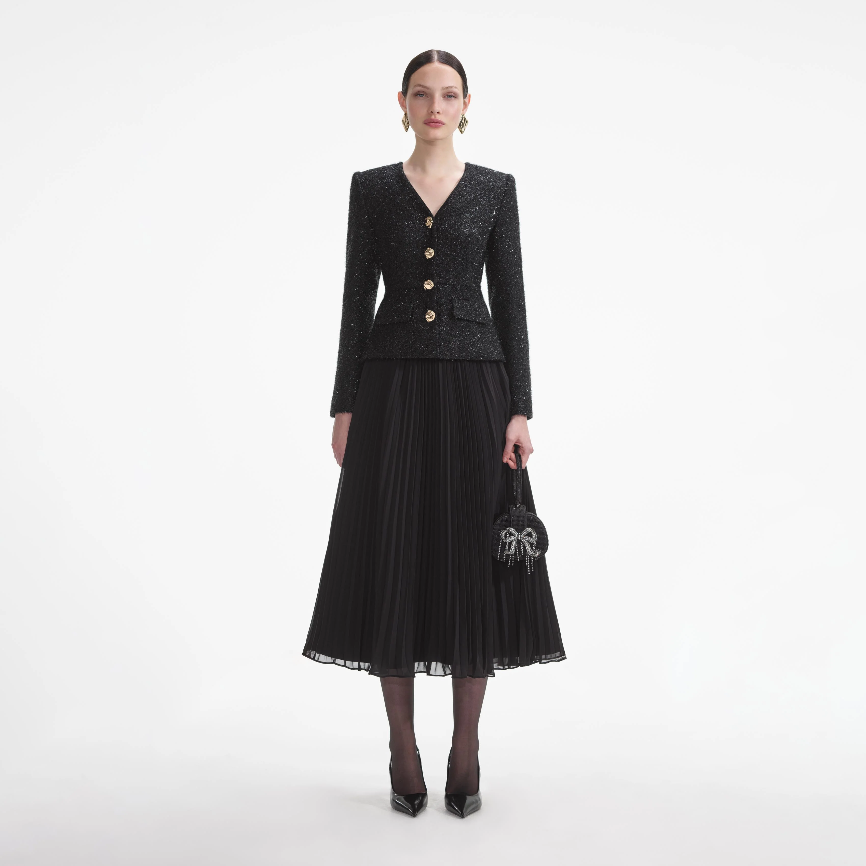 Black Tinsel Boucle Chiffon Midi Dress