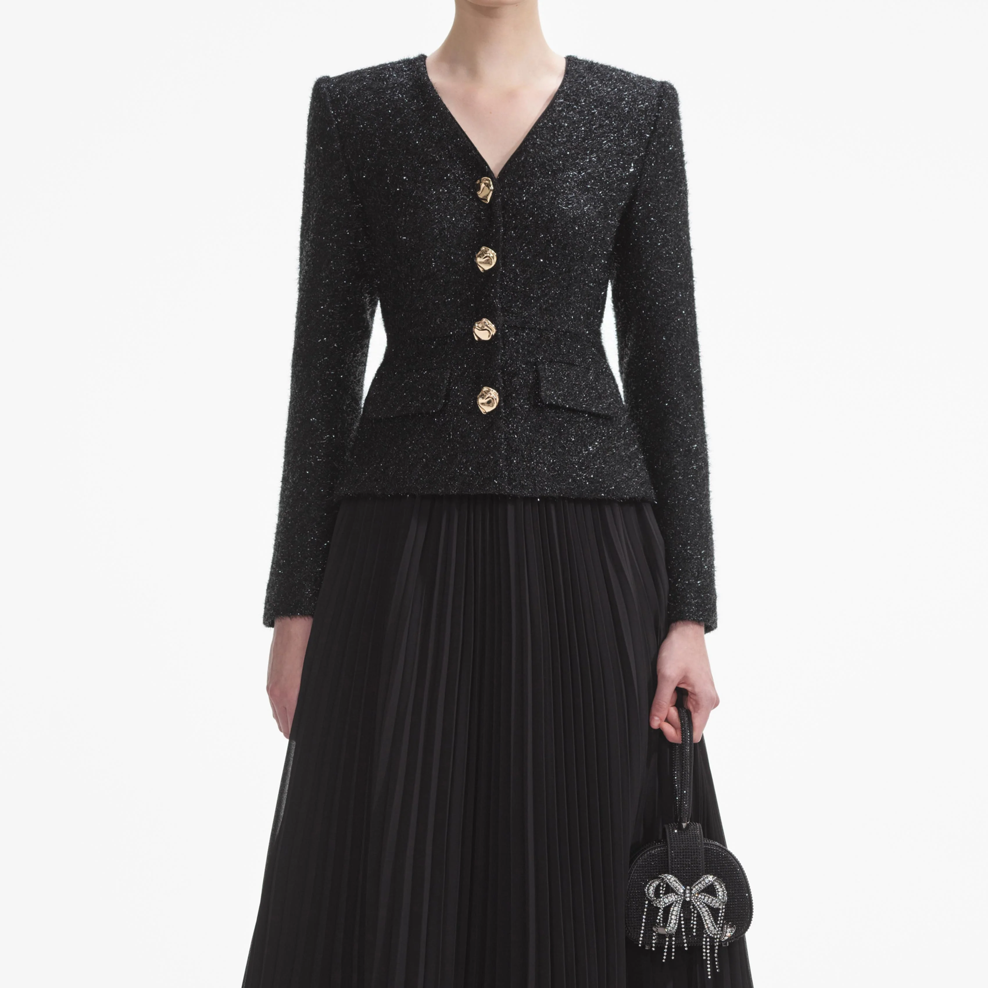 Black Tinsel Boucle Chiffon Midi Dress - Image 4