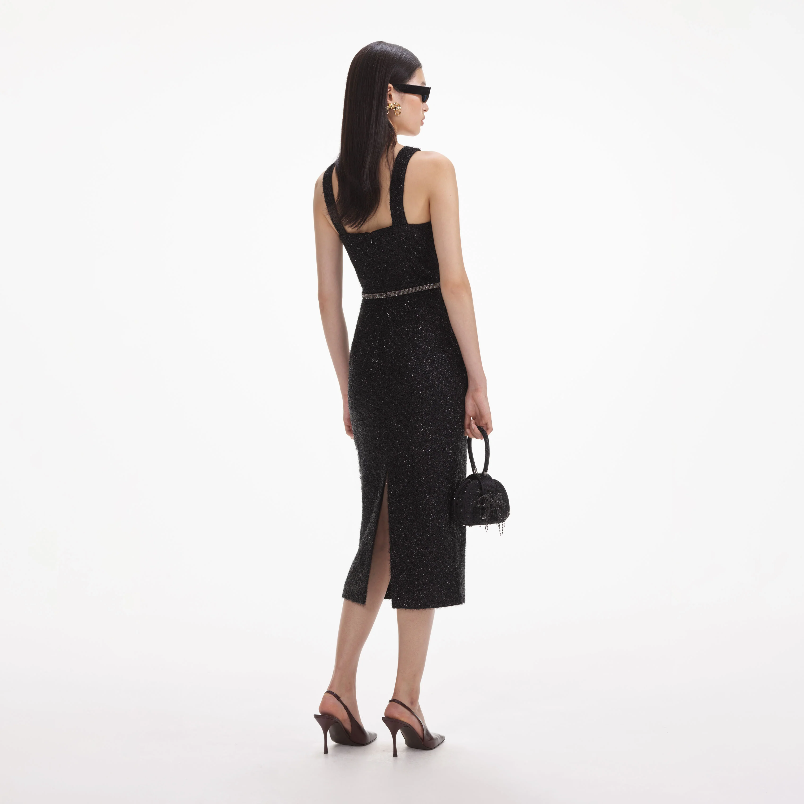 Black Tinsel Boucle Midi Dress - Image 3