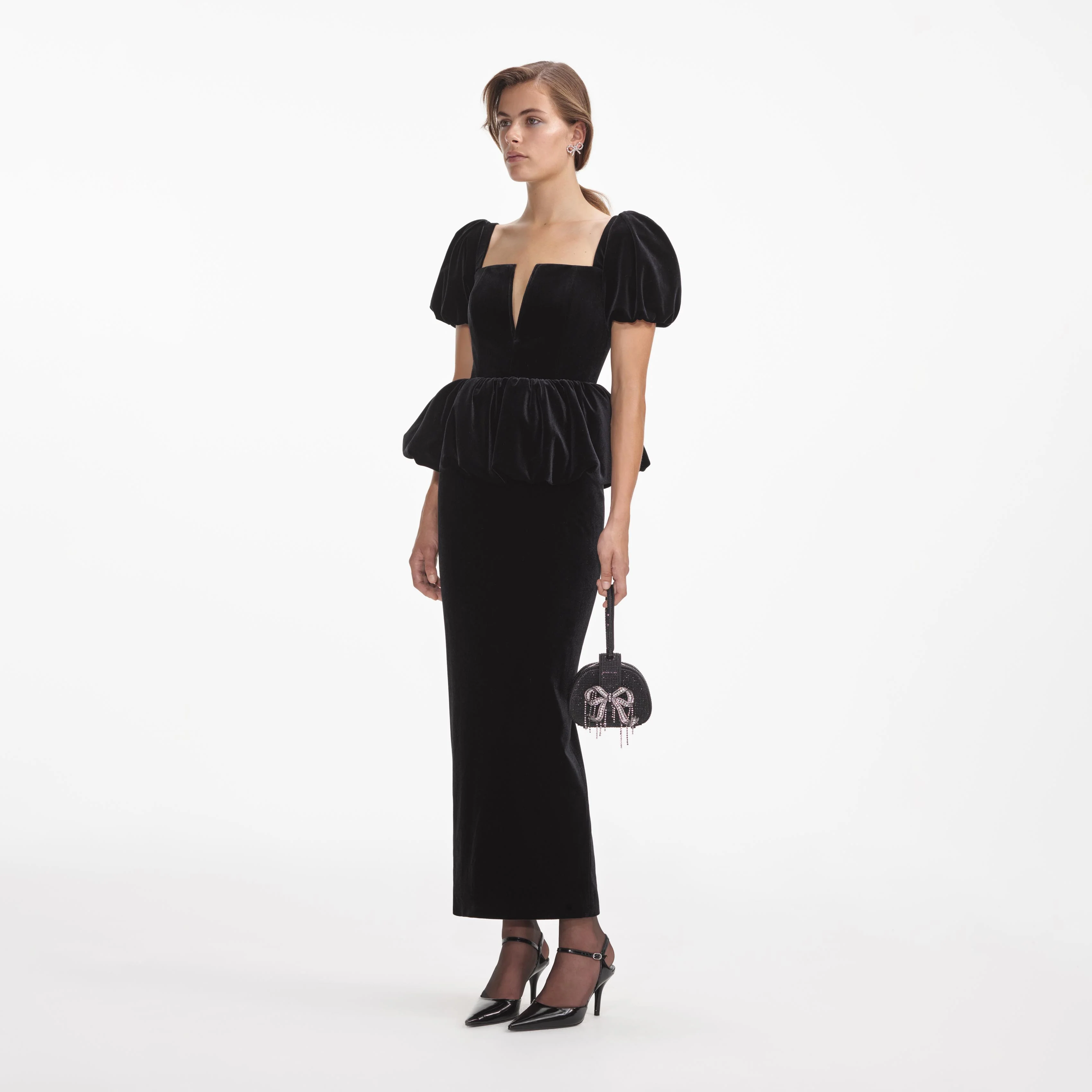 Black Velvet Peplum Midi Dress - Image 2