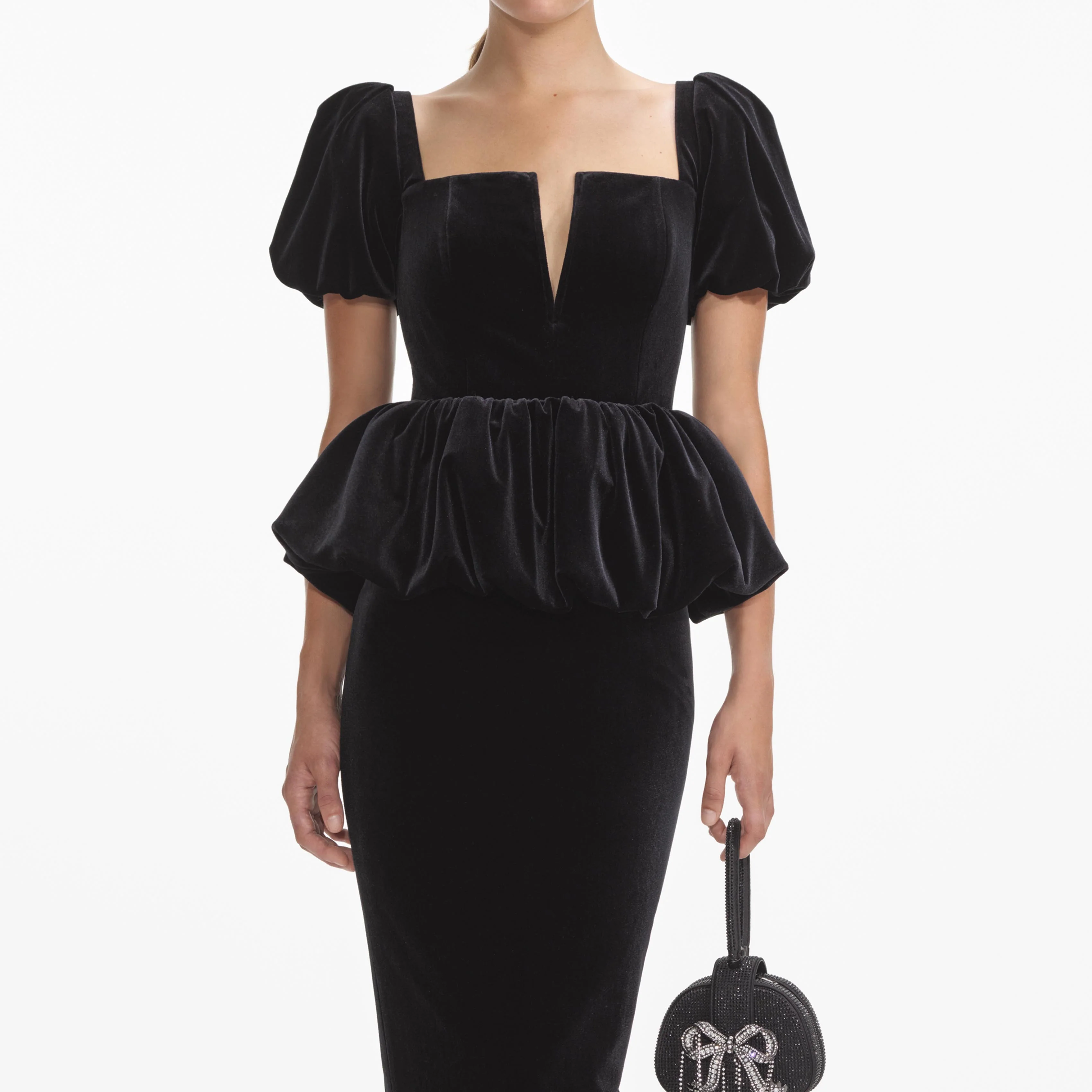 Black Velvet Peplum Midi Dress - Image 4