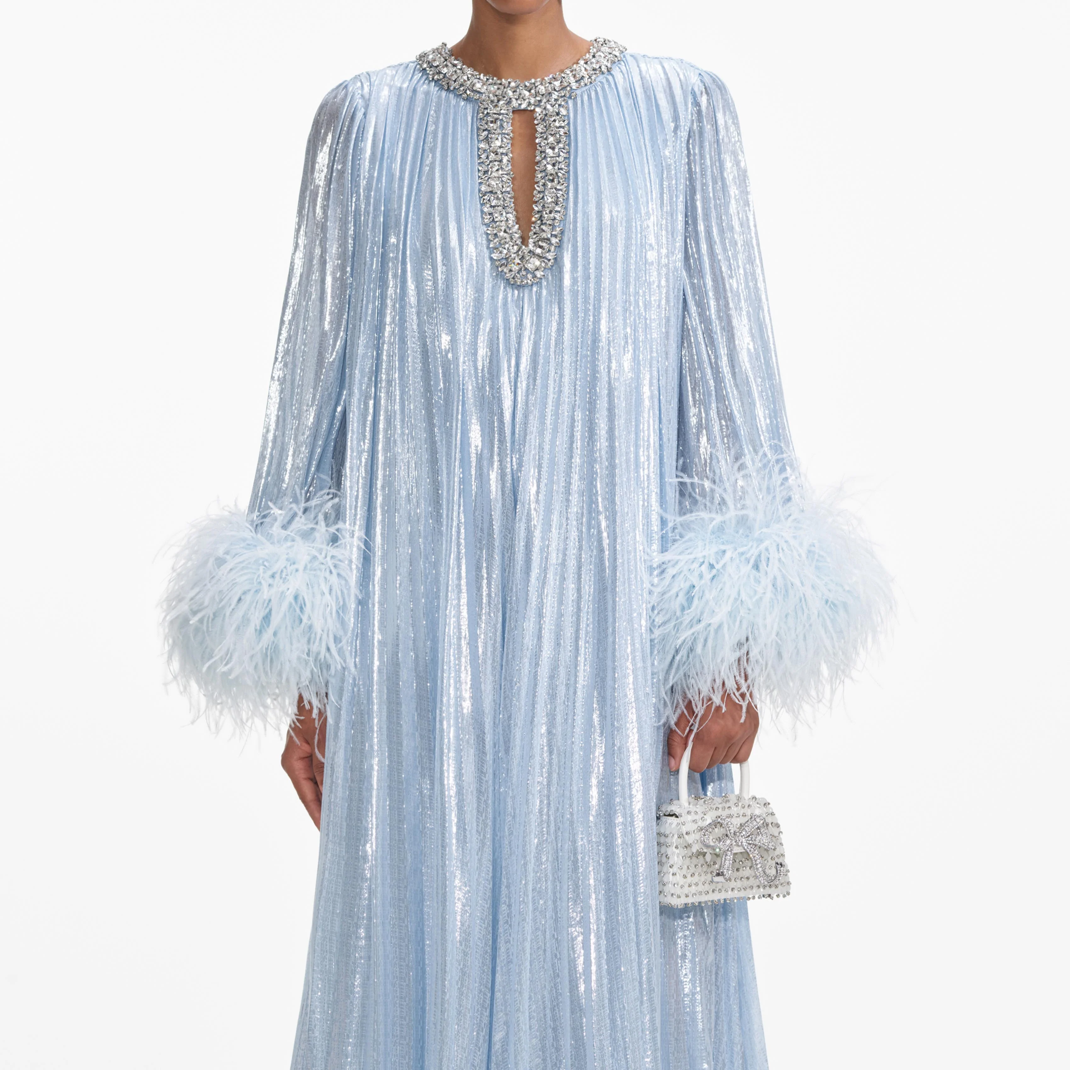 Blue Metallic Chiffon Feather Midi Dress - Image 4