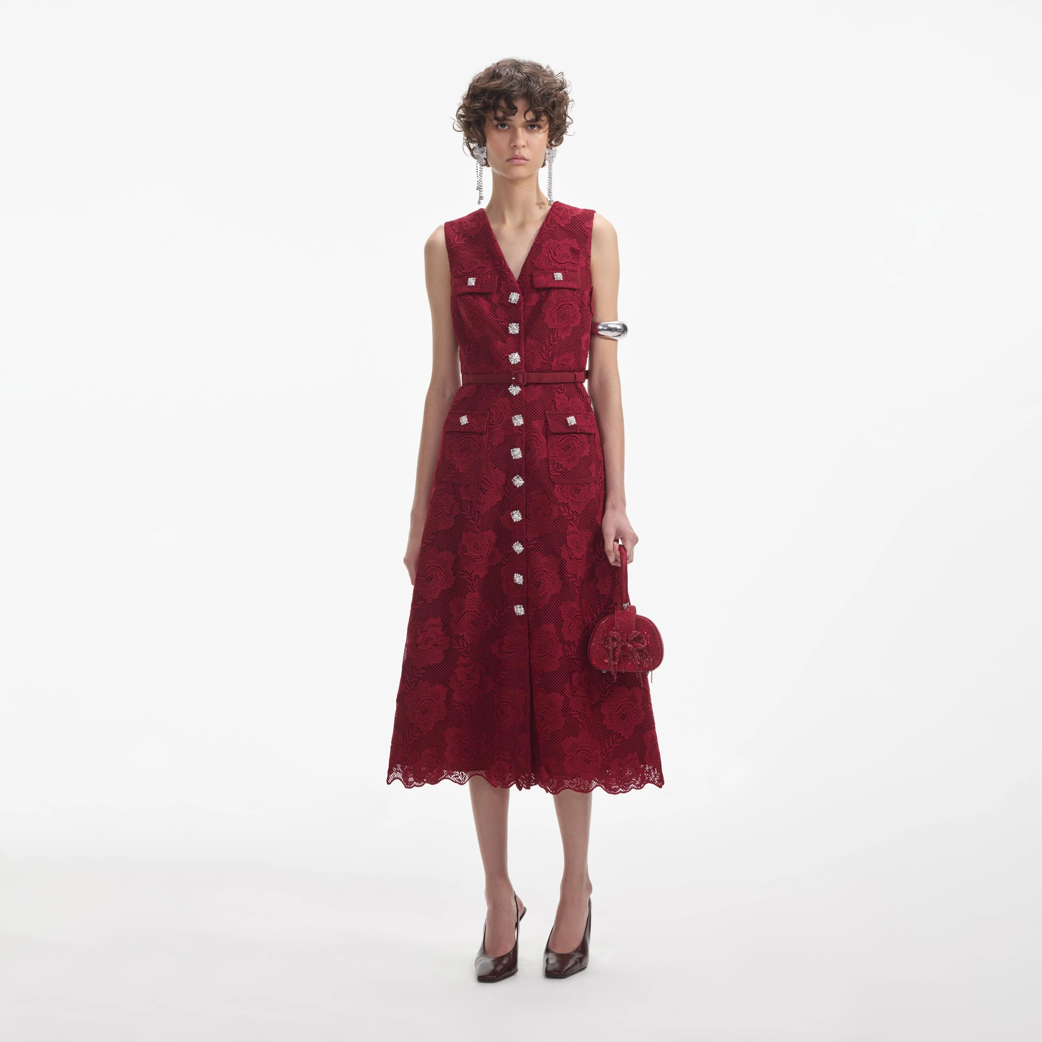 Burgundy Lace Buttoned Midi Dress