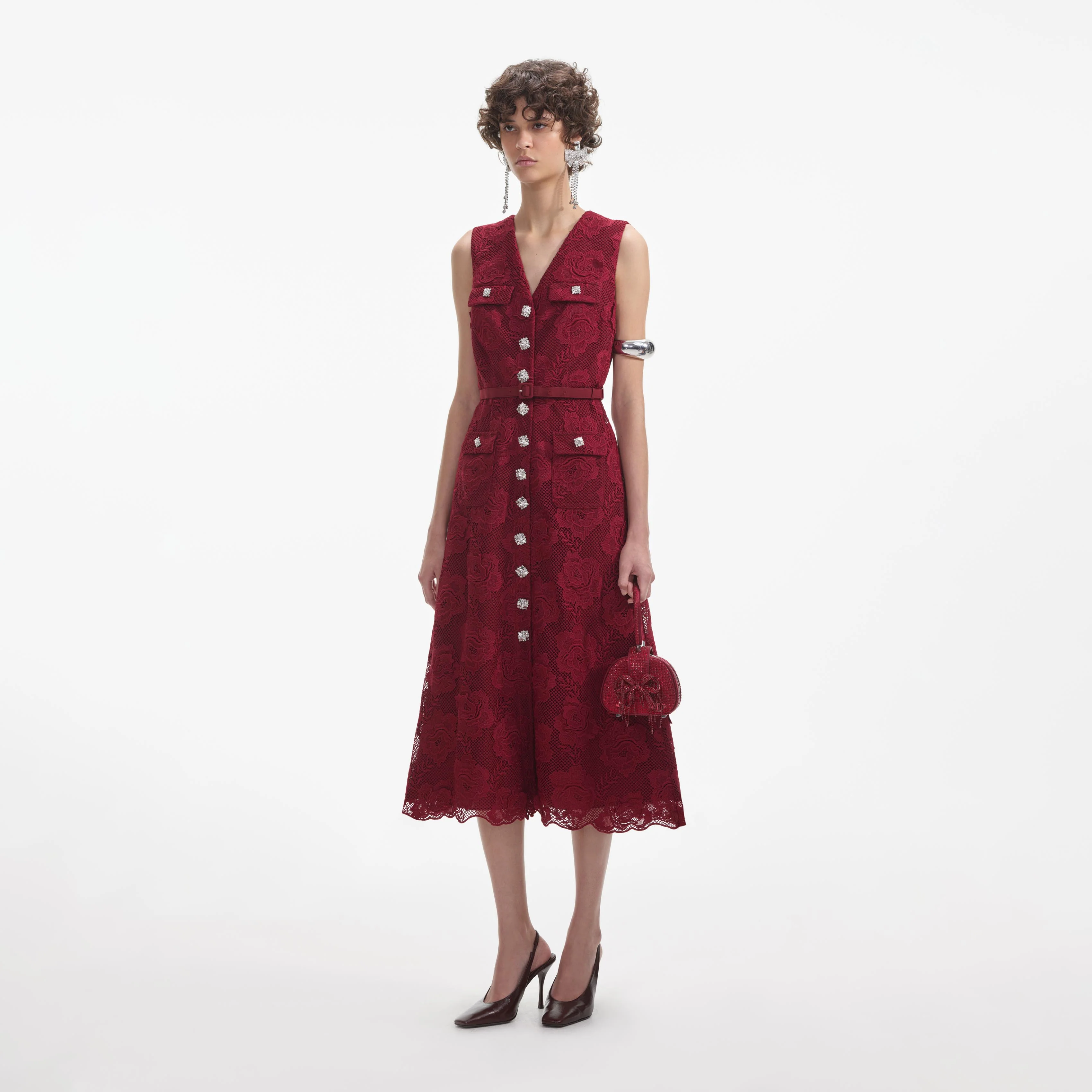 Burgundy Lace Buttoned Midi Dress - Image 2