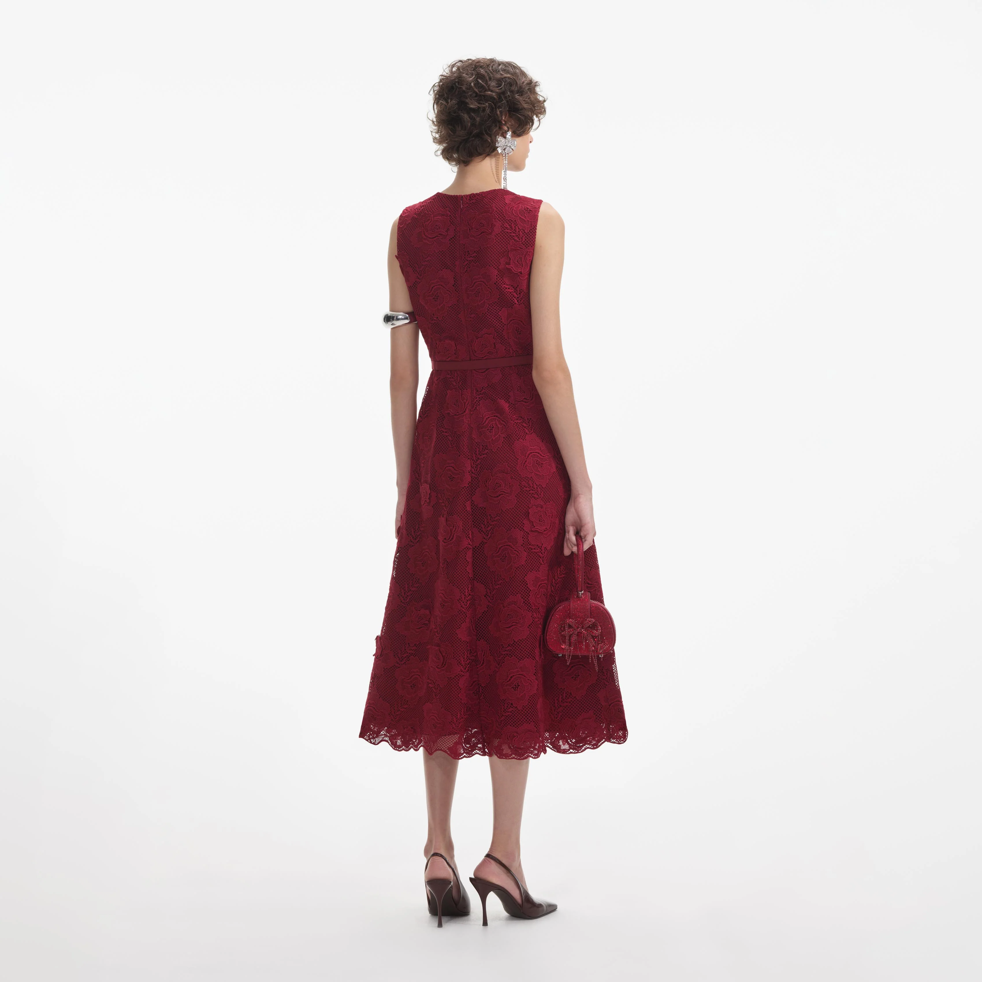 Burgundy Lace Buttoned Midi Dress - Image 3