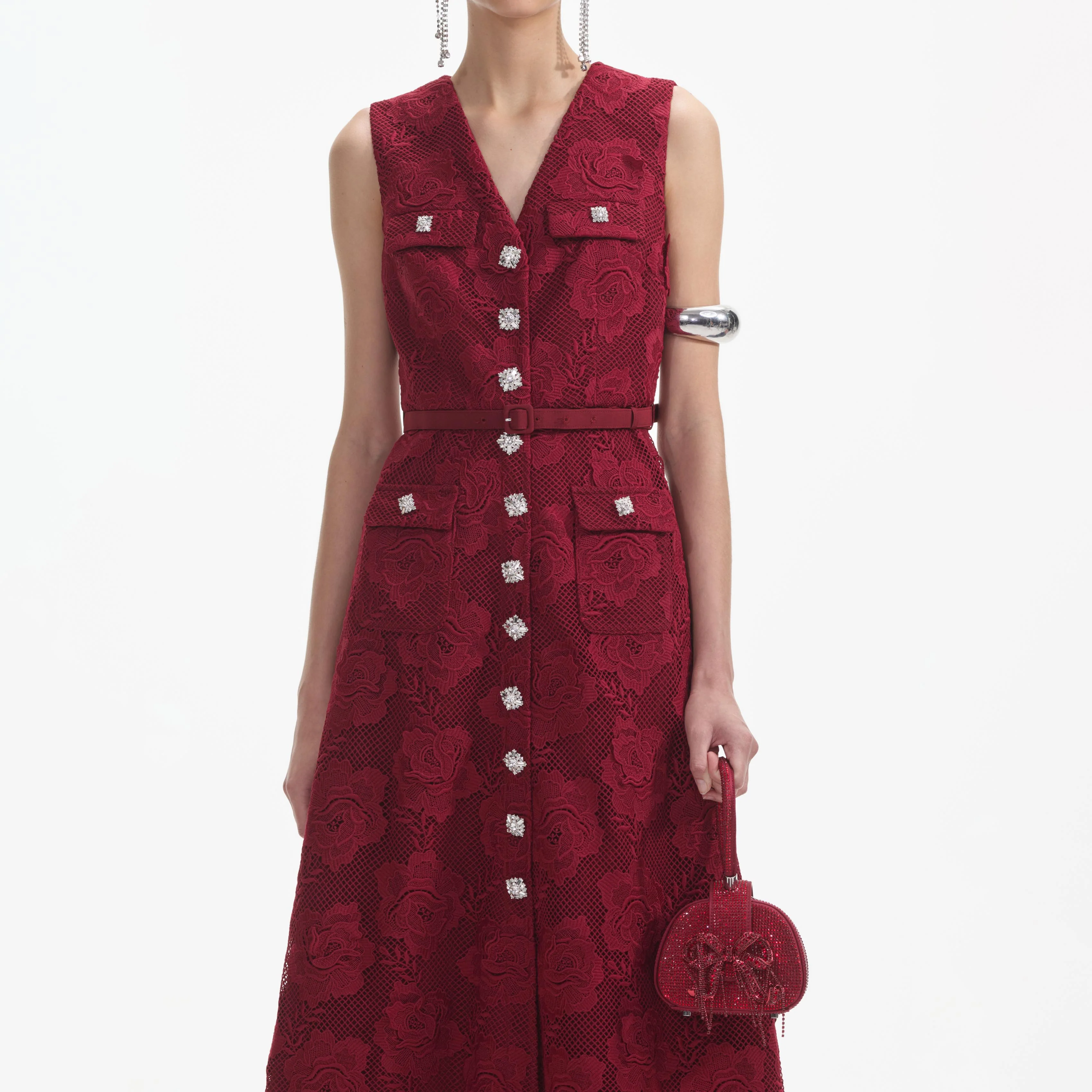 Burgundy Lace Buttoned Midi Dress - Image 4