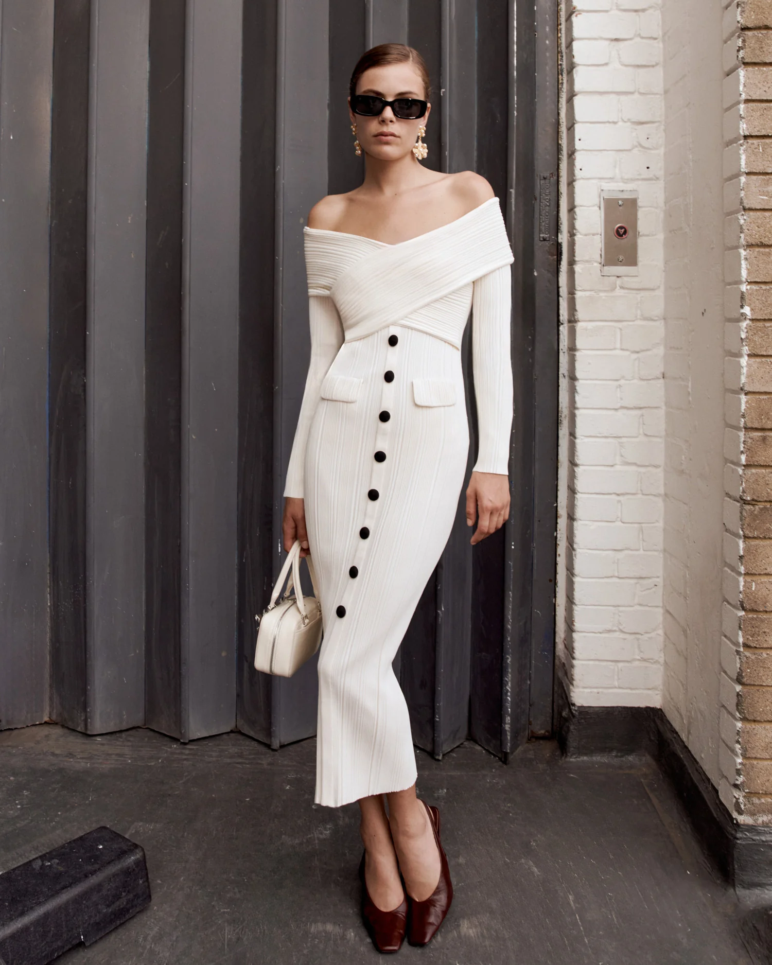 Cream Off Shoulder Knit Midi Dress - Image 6