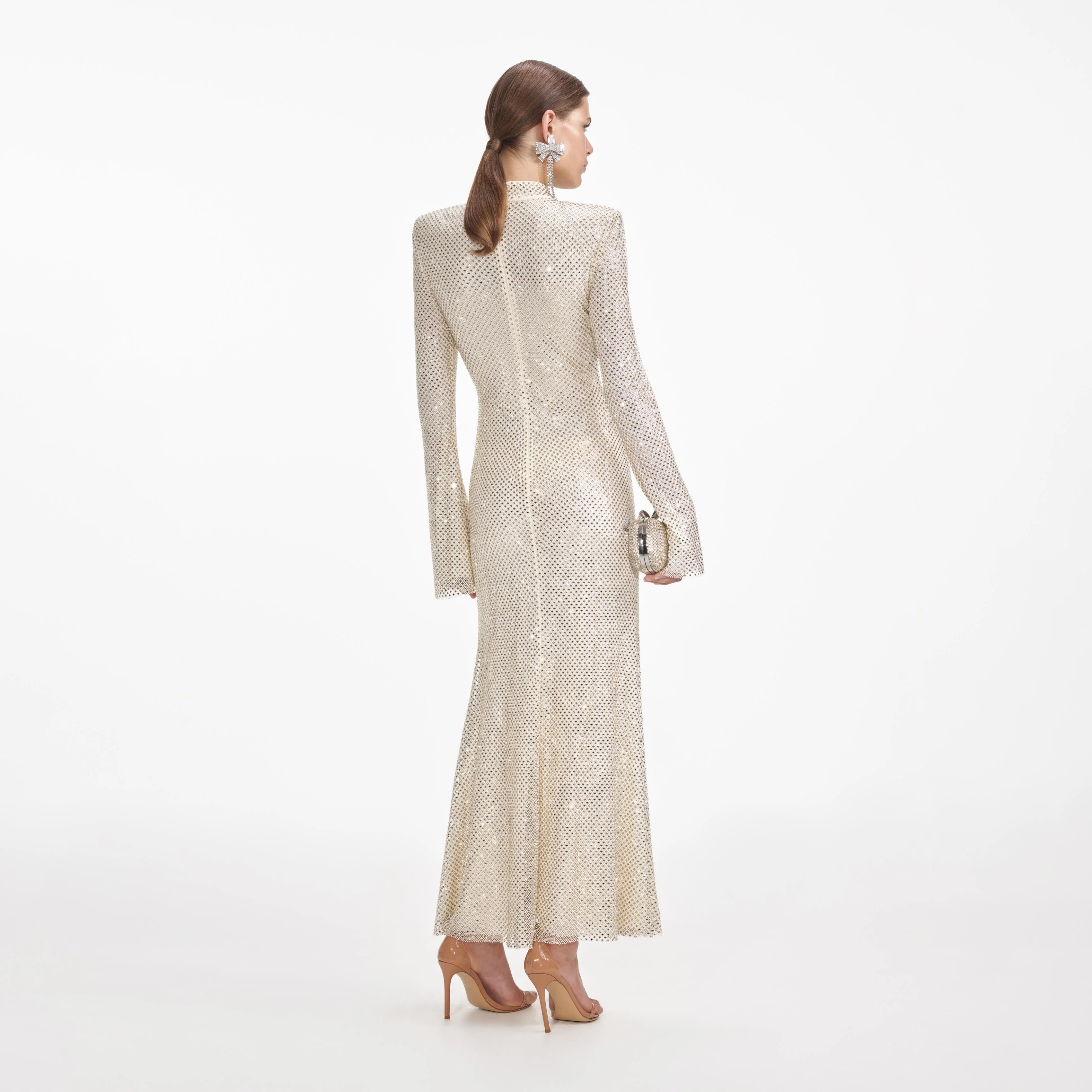 Cream Square Rhinestone Fishnet Midi Dress - Image 3