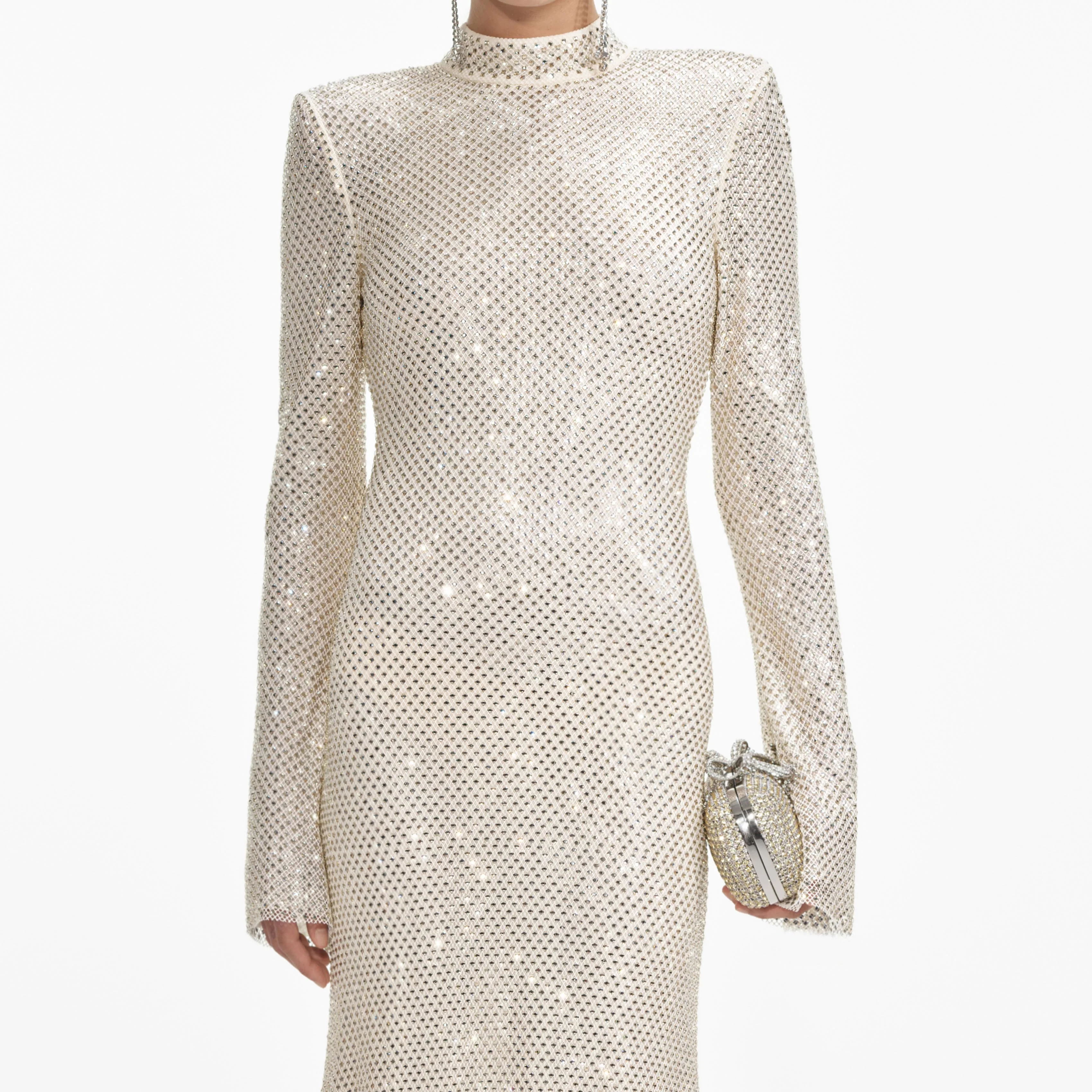 Cream Square Rhinestone Fishnet Midi Dress - Image 4