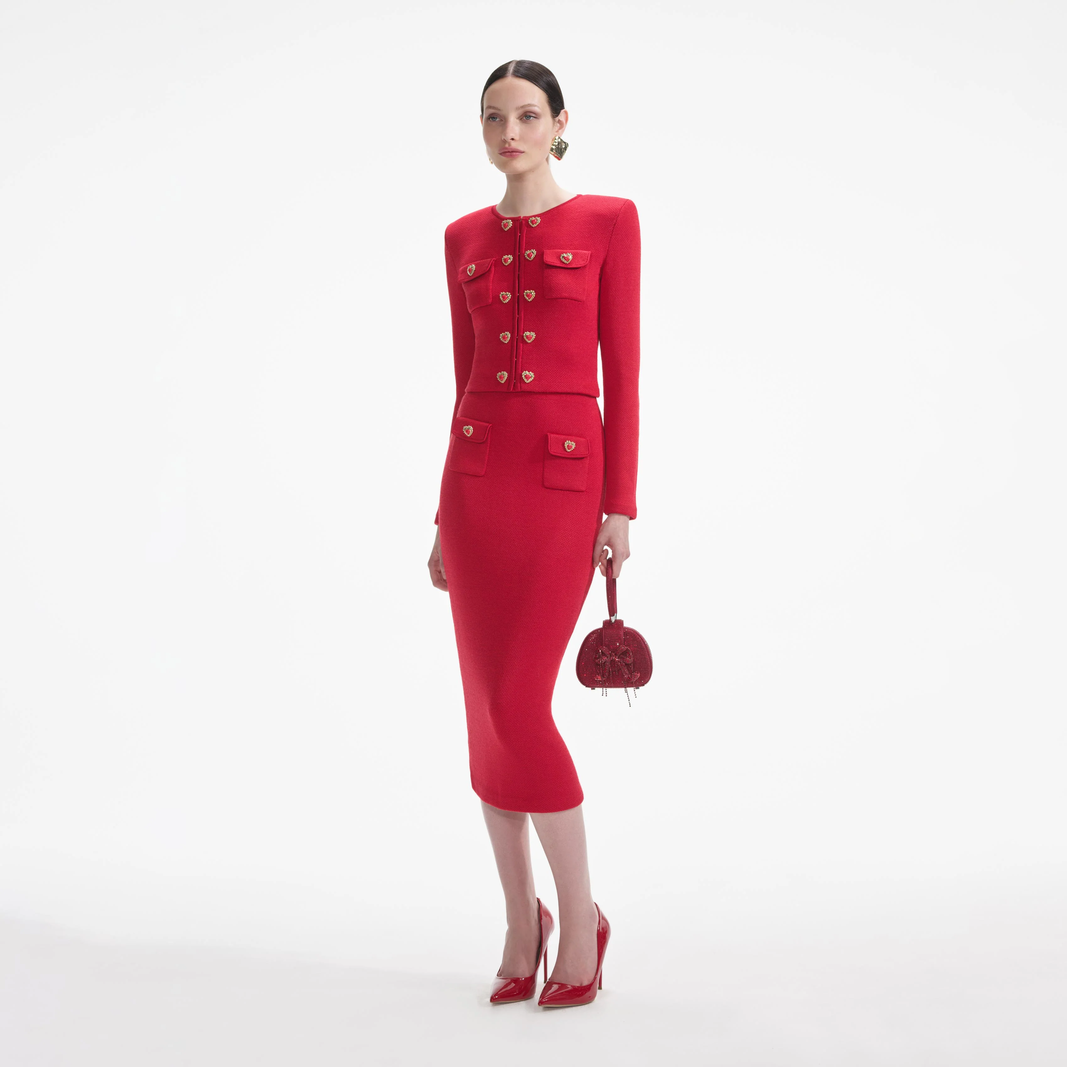 Red Knit Heart Buttoned Midi Skirt - Image 2