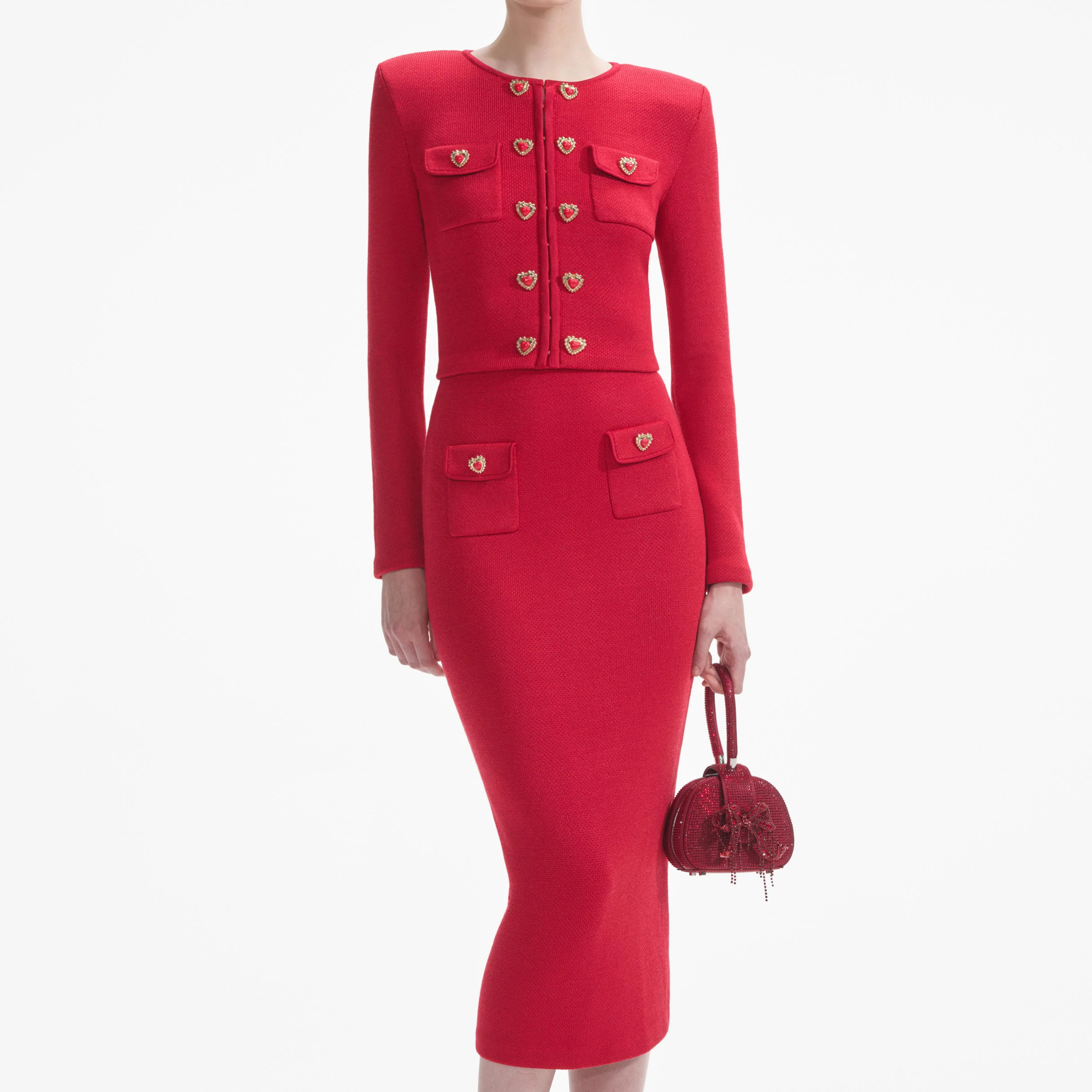 Red Knit Heart Buttoned Midi Skirt - Image 4