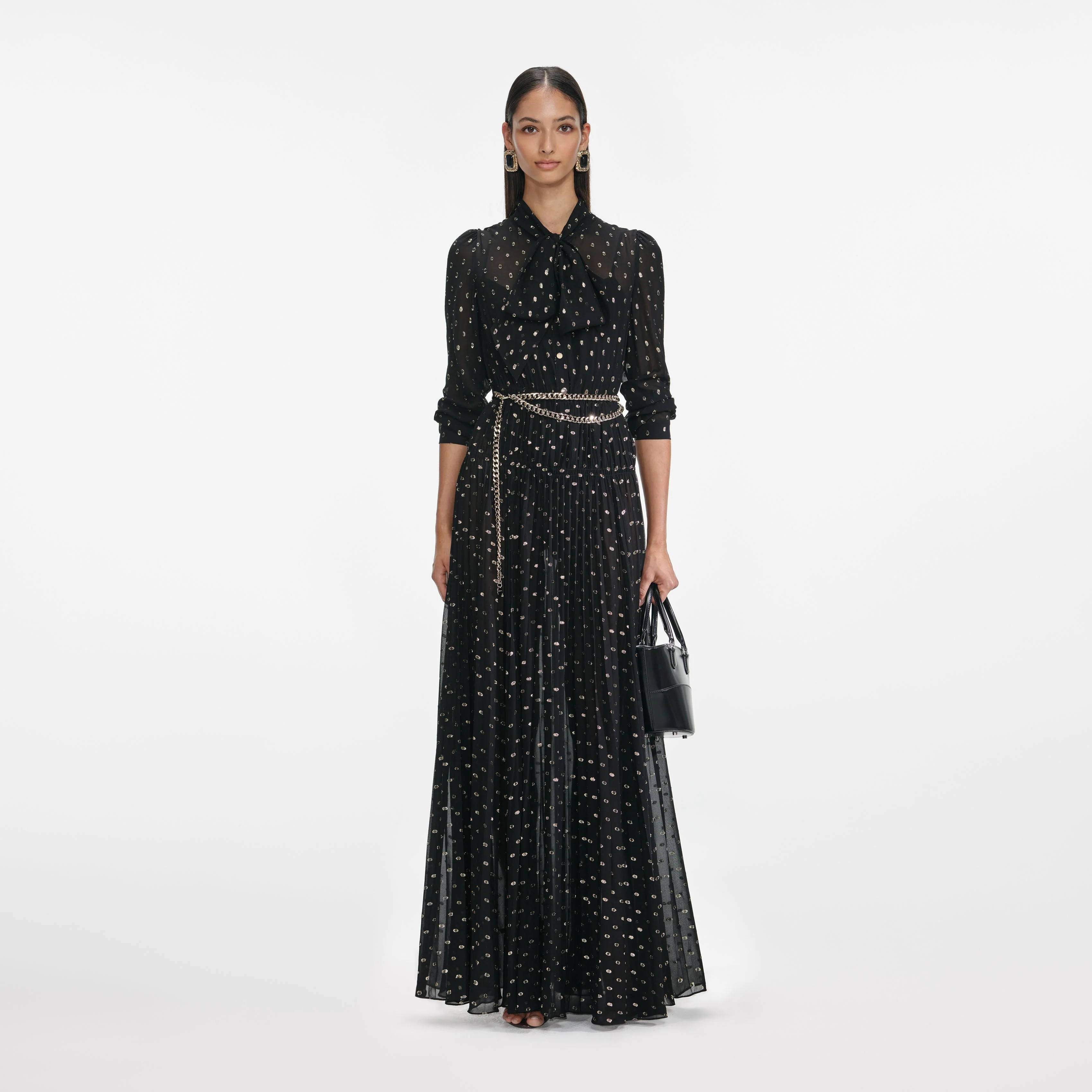 Black And Gold Tie Neck Maxi Dress
