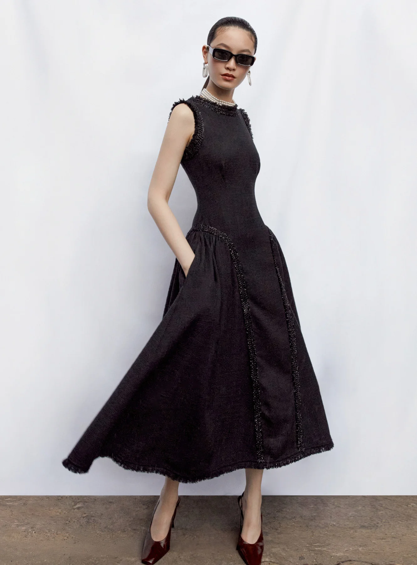 Black Boucle Sleeveless Midi Dress - Image 6