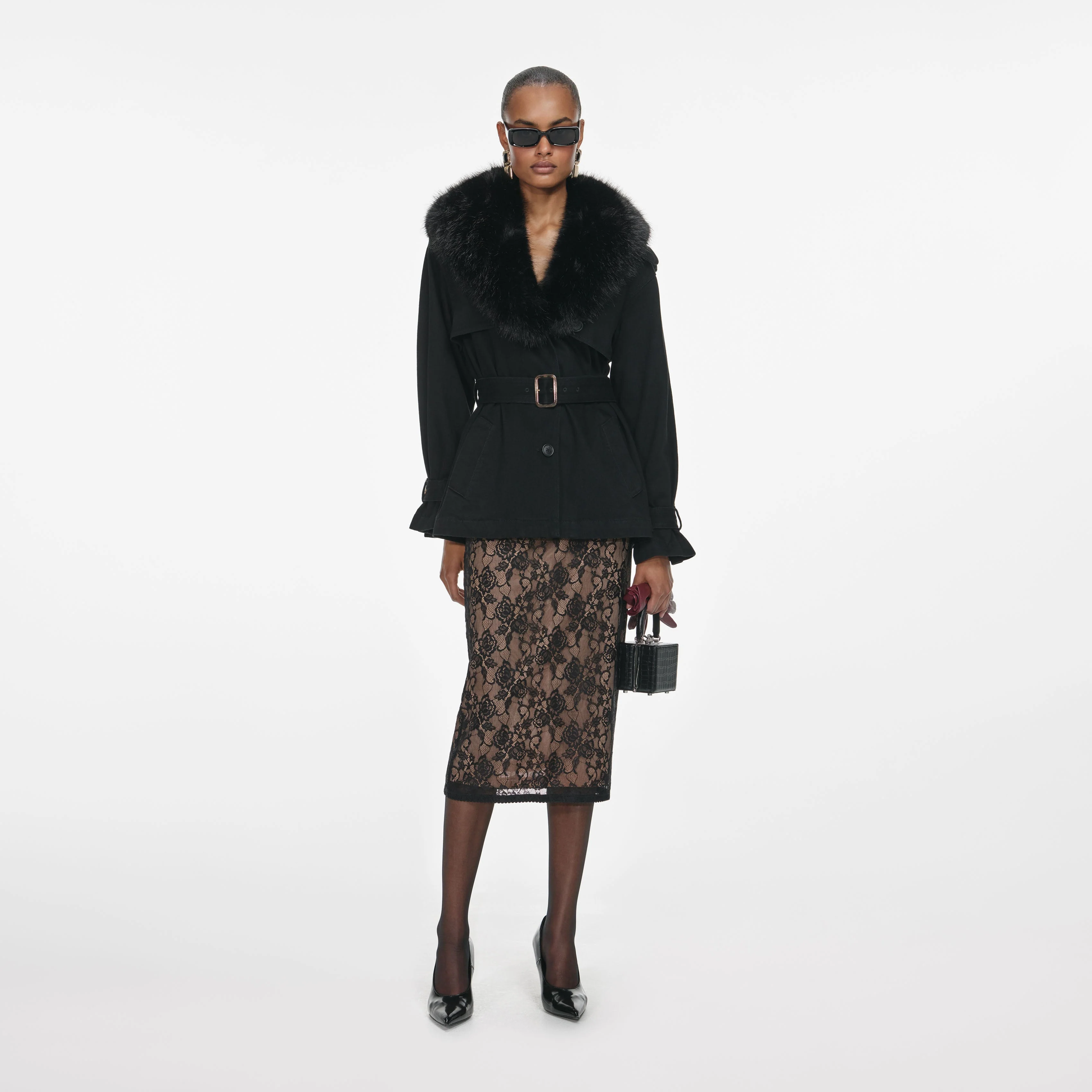 Black Denim Fur Collar Jacket