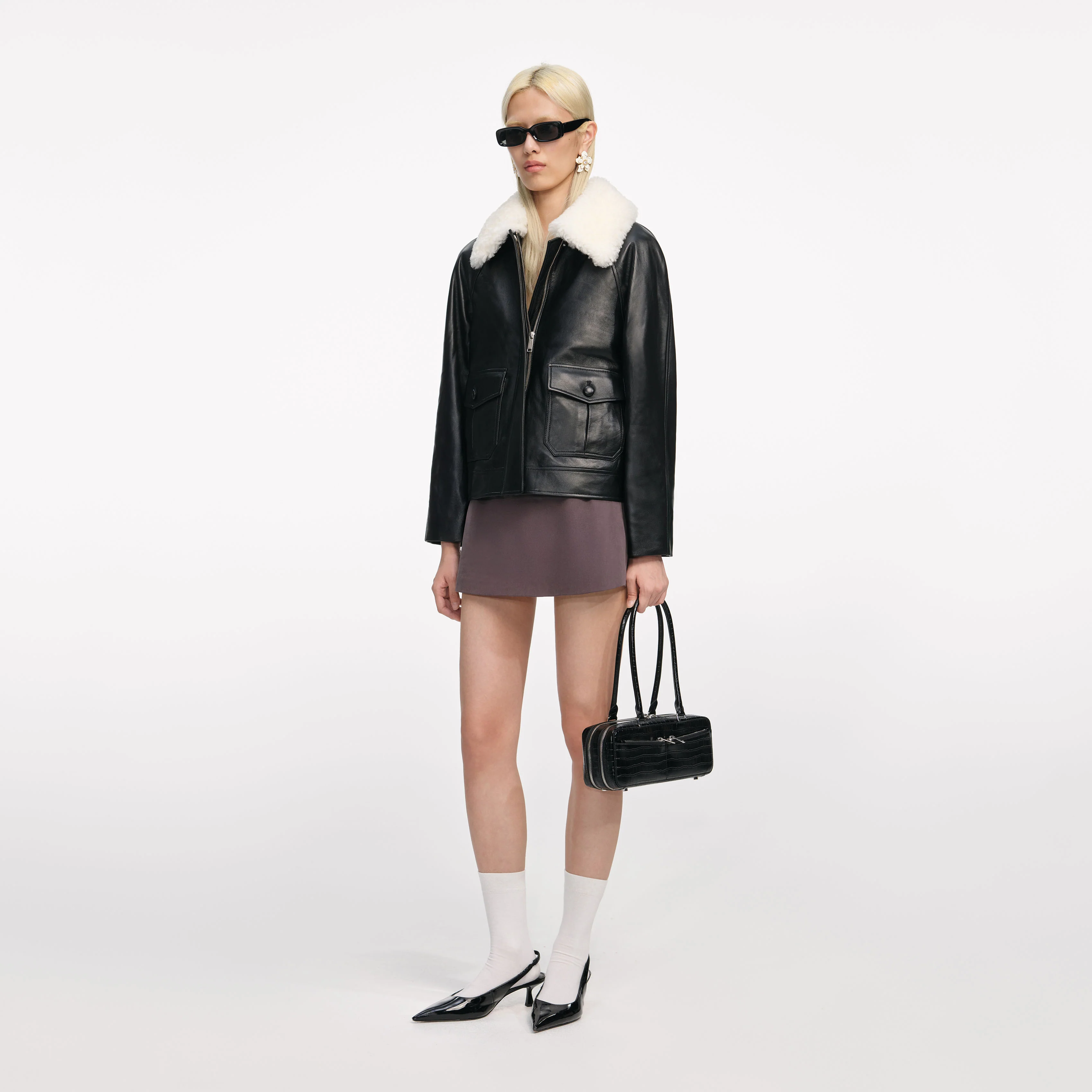 Black Leather Fur Collar Jacket - Image 2