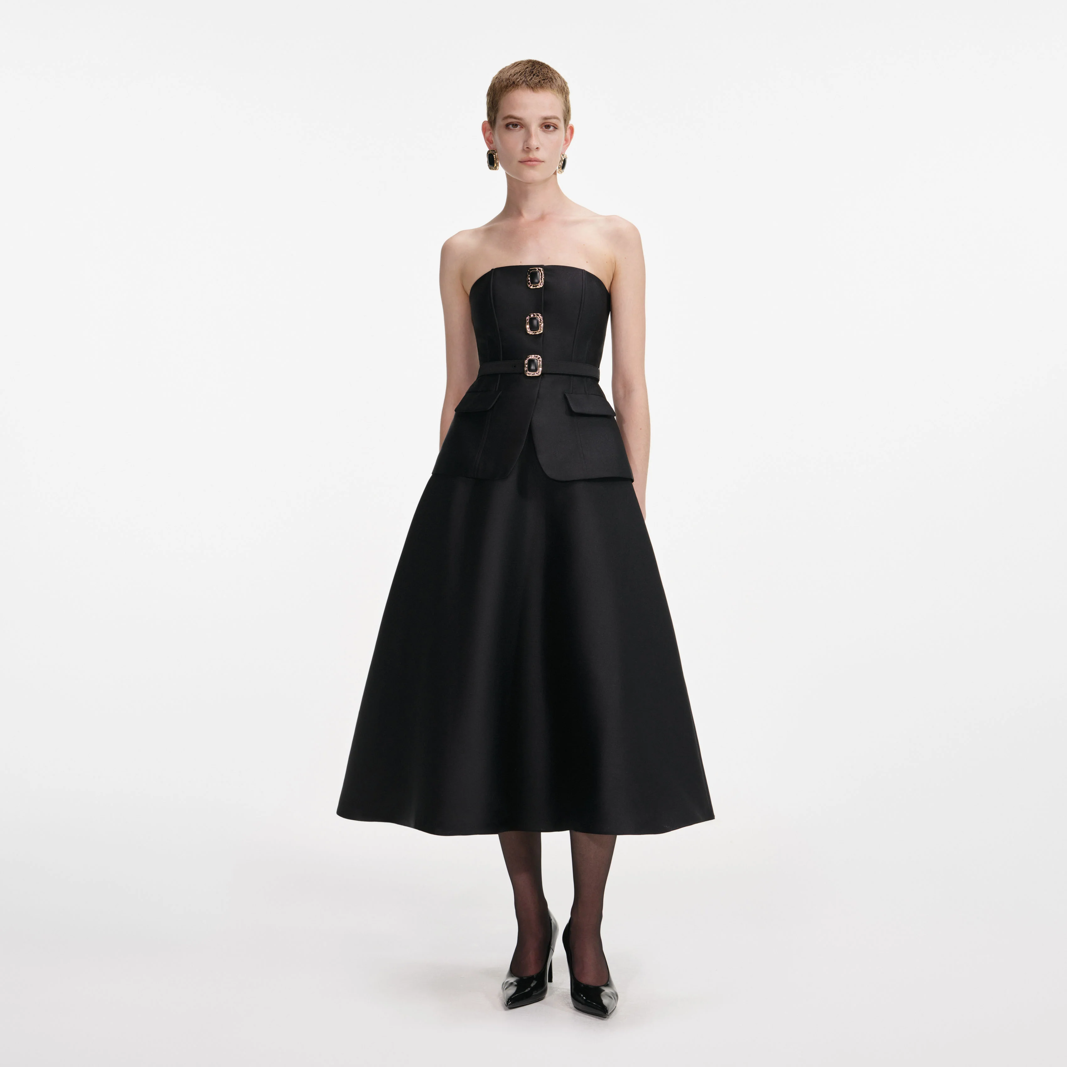 Black Taffeta Bandeau Midi Dress