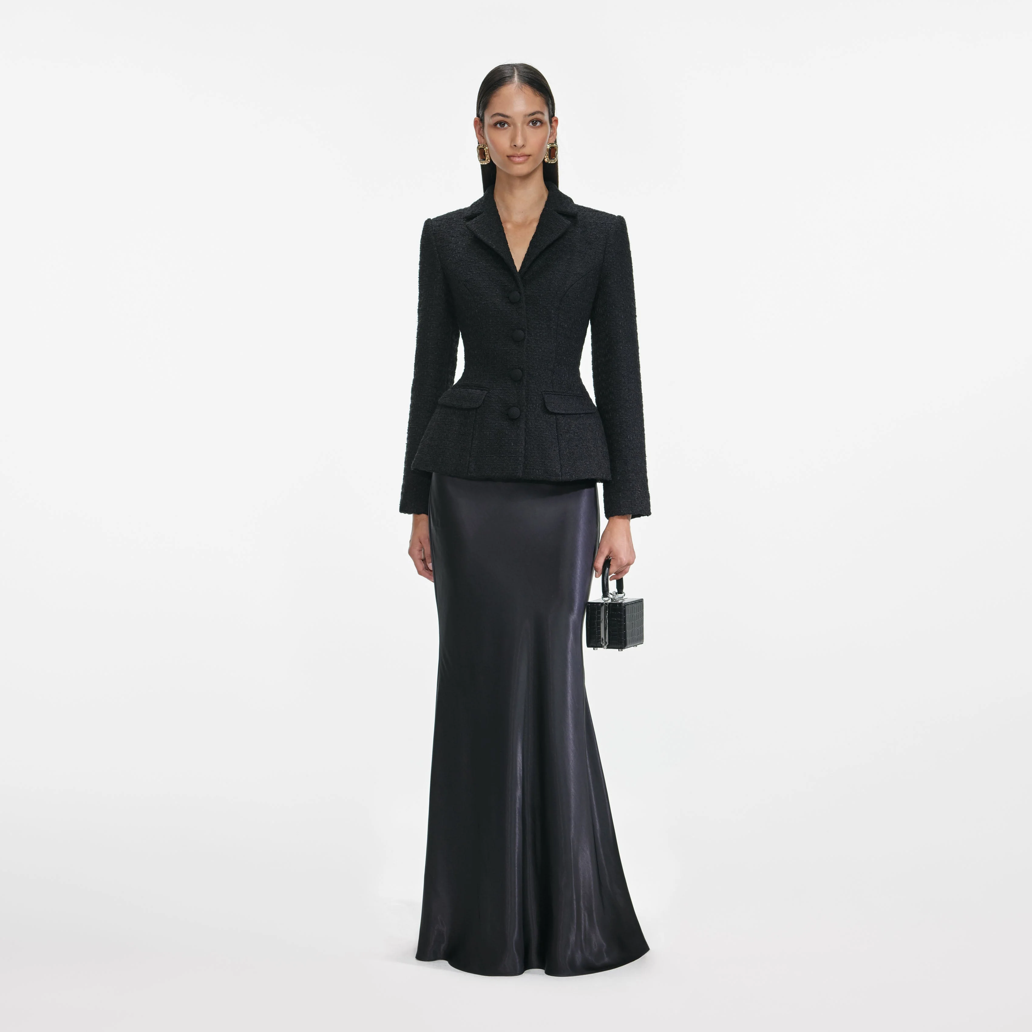 Black Tailored Boucle Maxi Dress