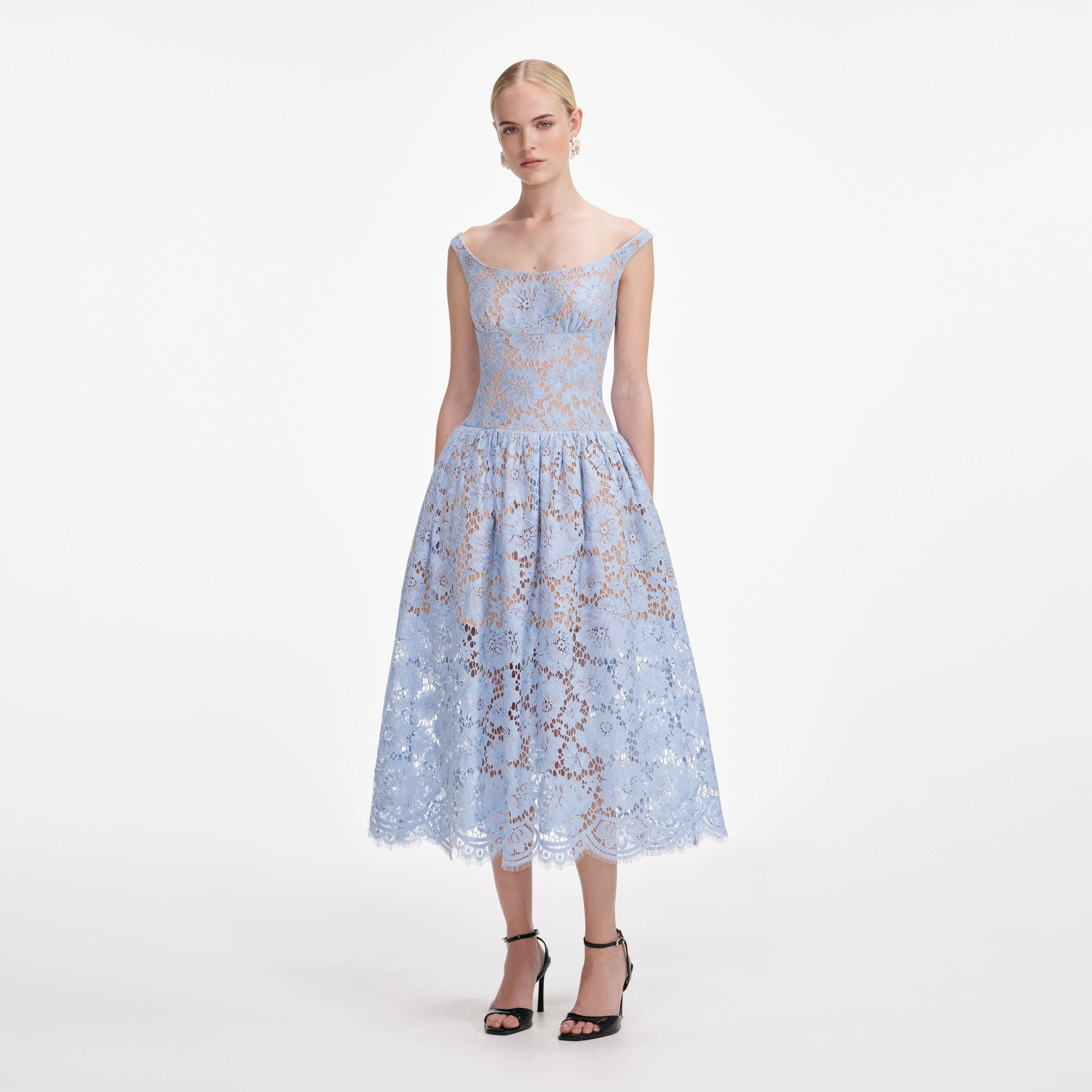 Blue Floral Lace Midi Dress - Image 2