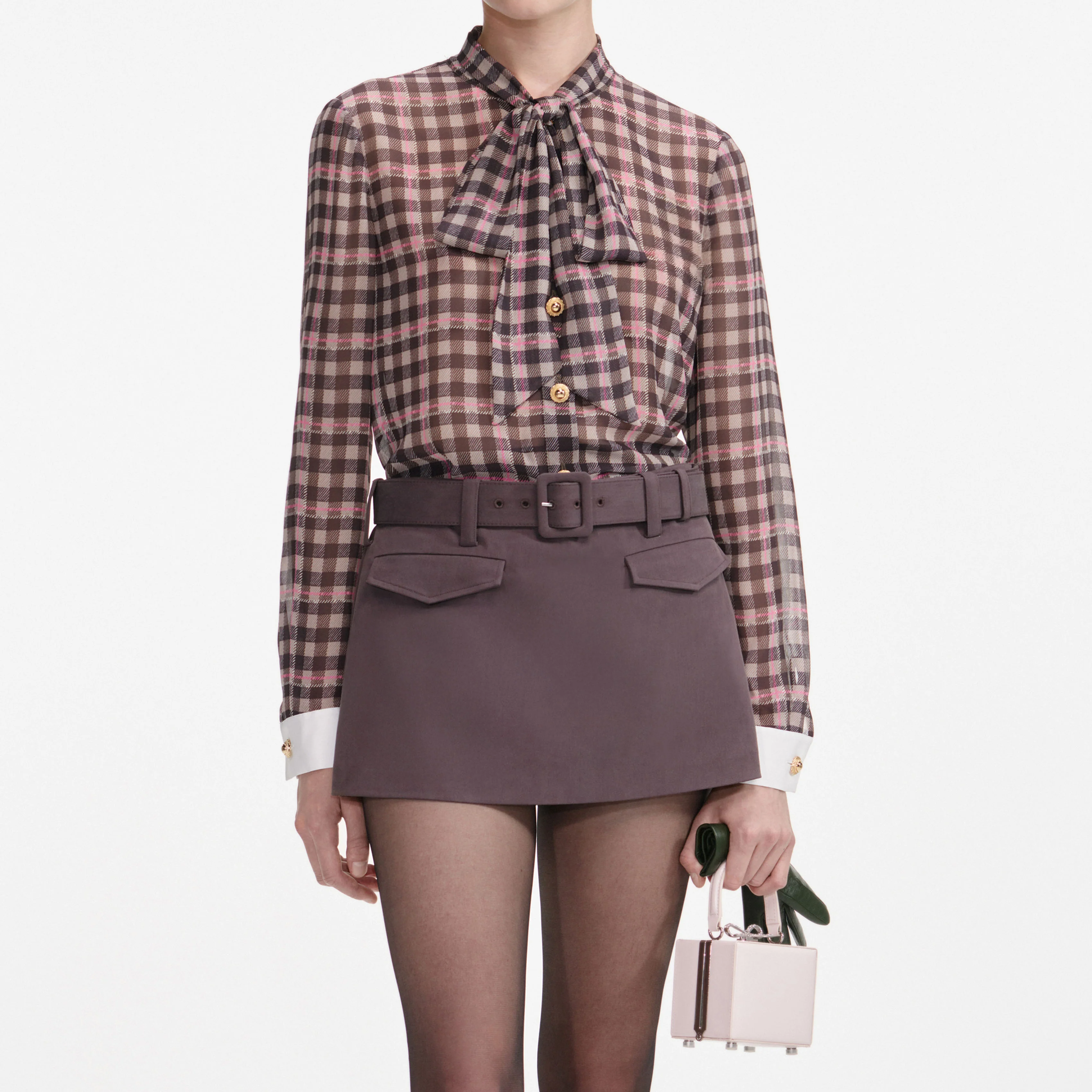 Brown Check Chiffon Blouse - Image 4