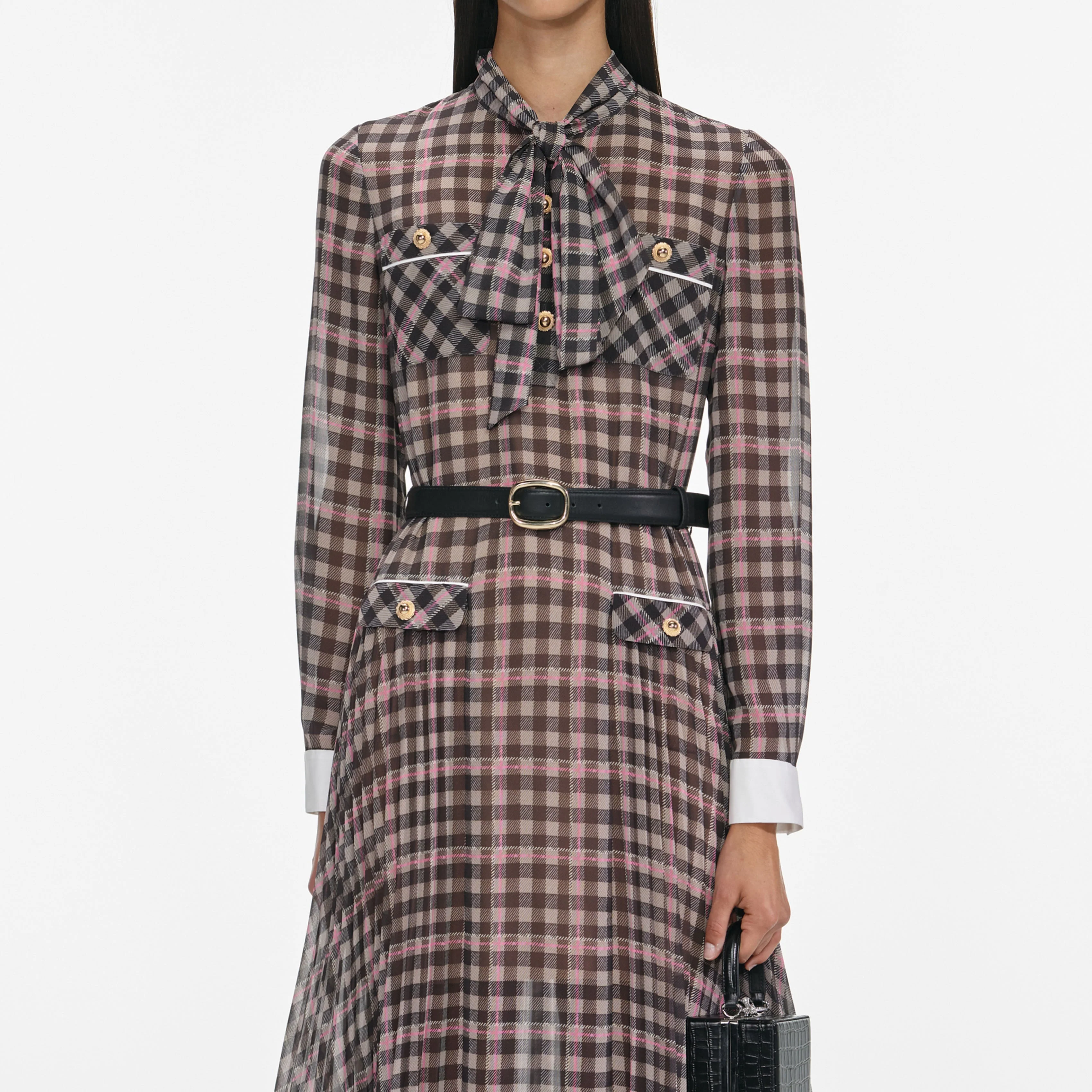Brown Check Chiffon Midi Dress - Image 4