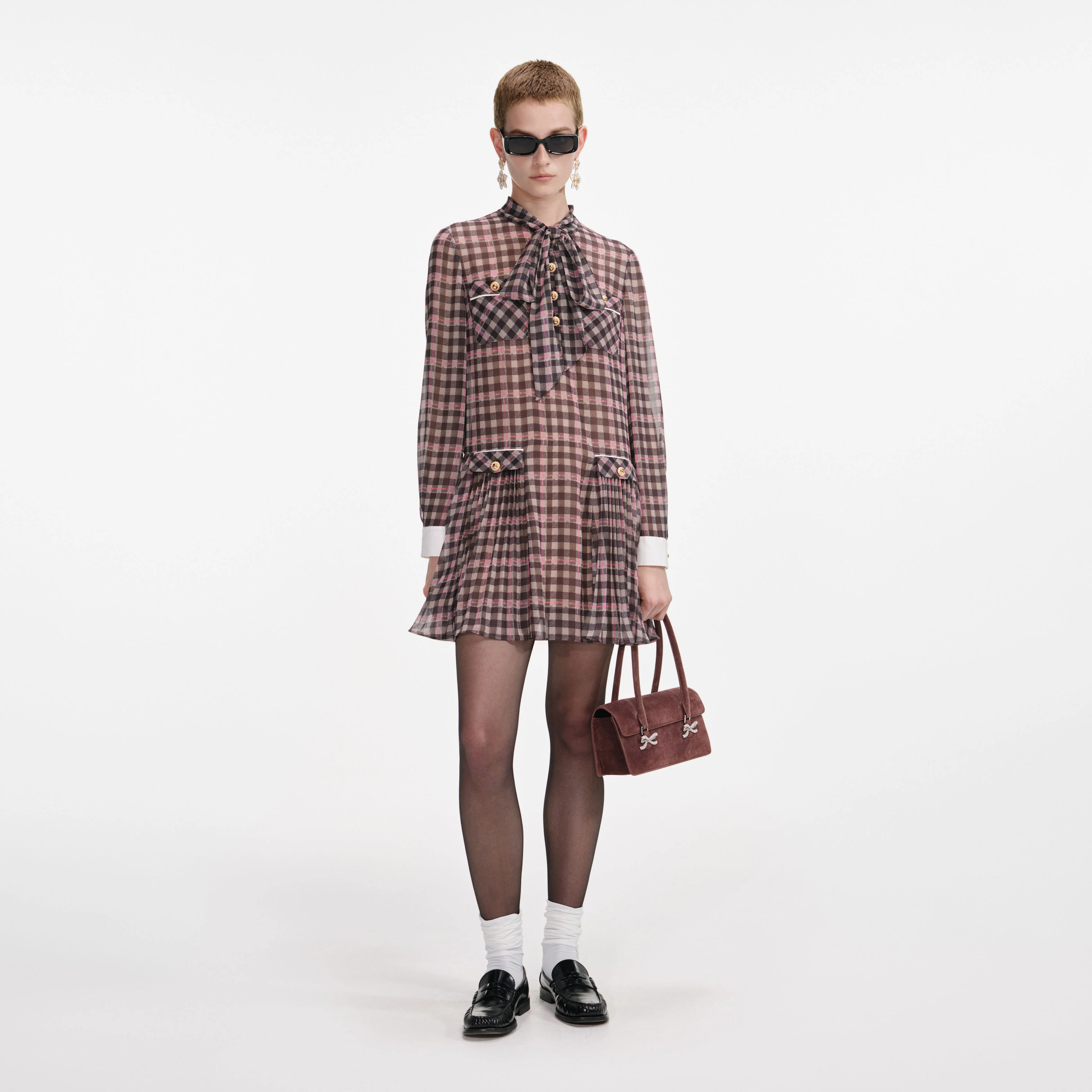 Brown Check Chiffon Mini Dress