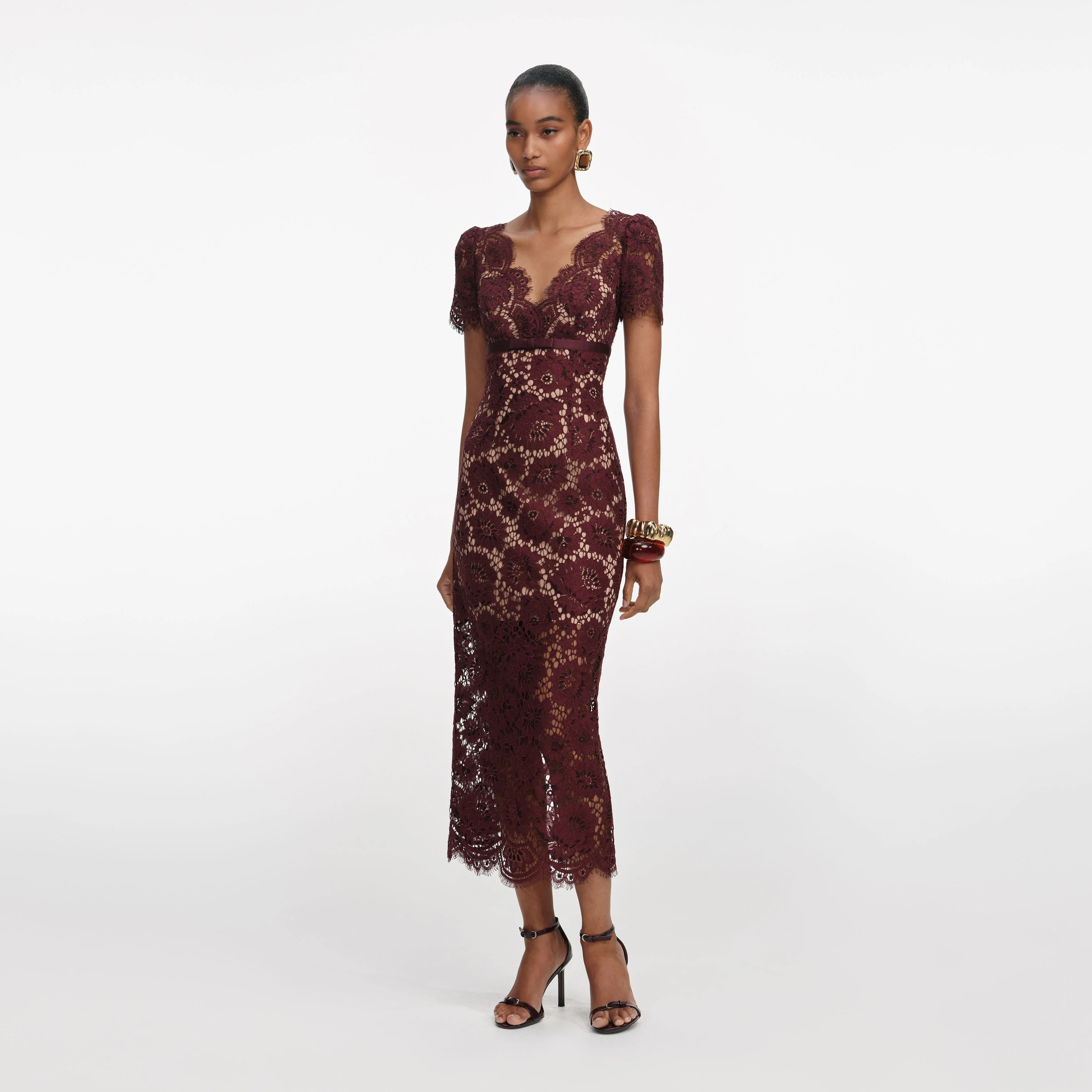 Burgundy Floral Lace Midi Dress - Image 2