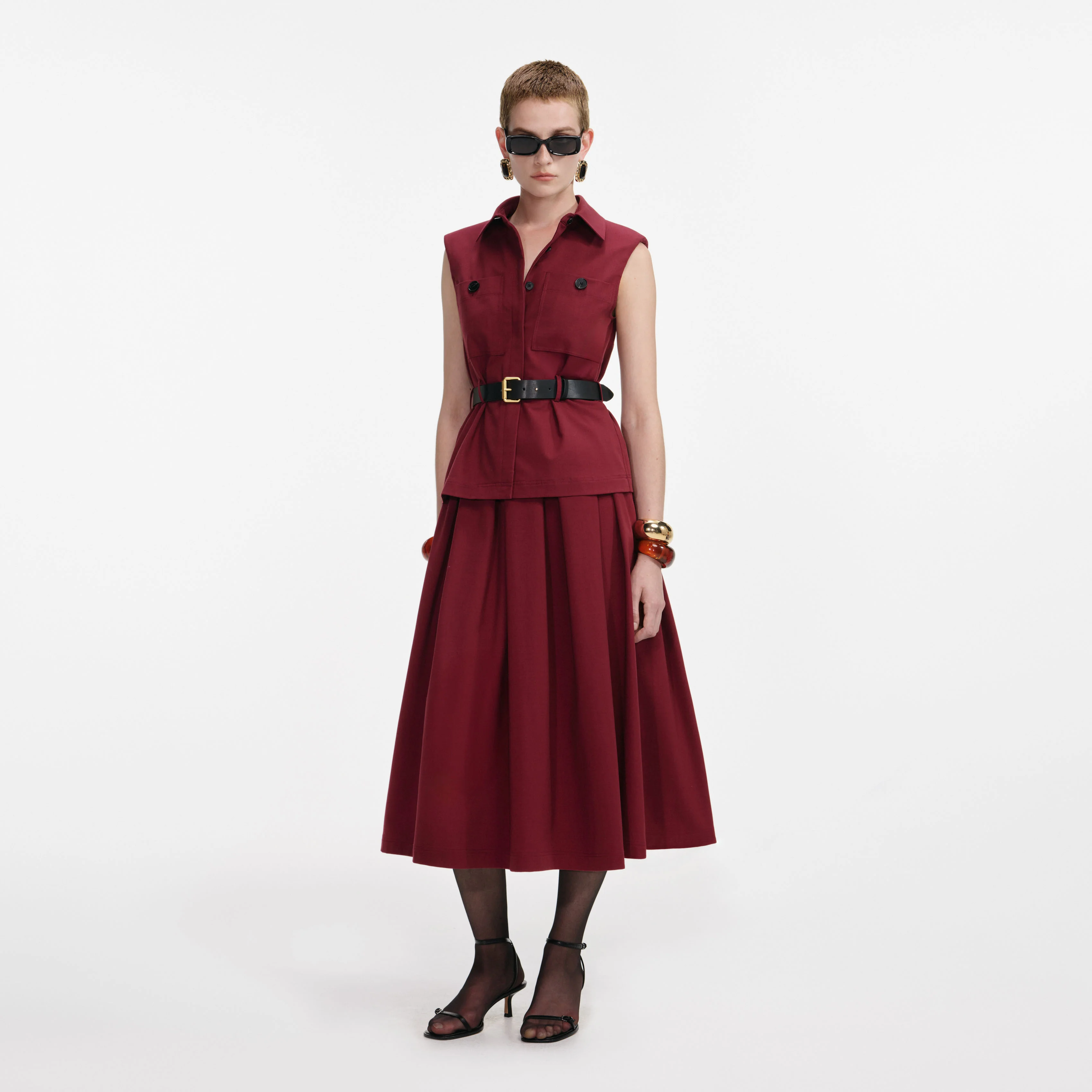 Burgundy Twill Belted Midi Dress - Image 2