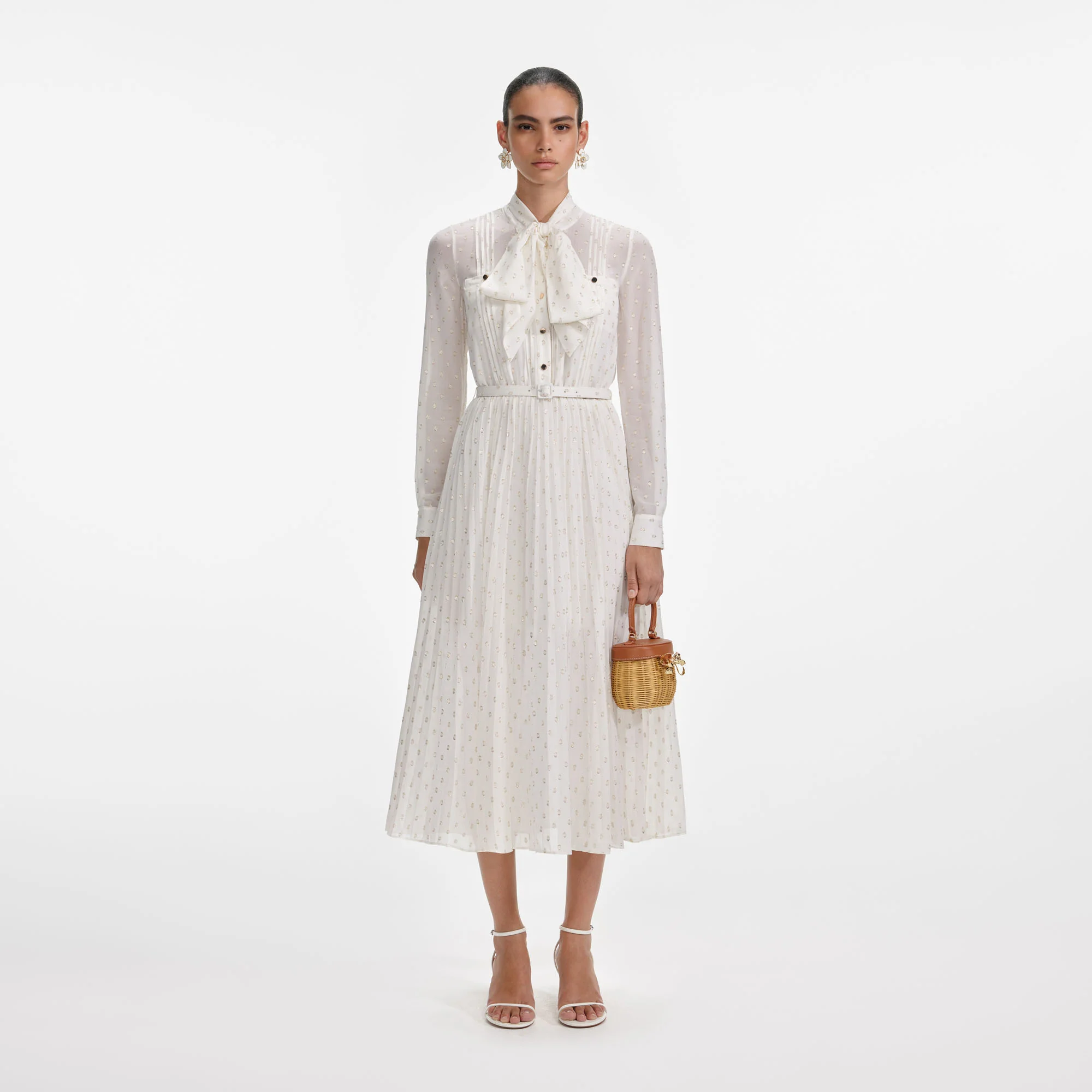 Cream And Gold Tie Neck Midi Dress