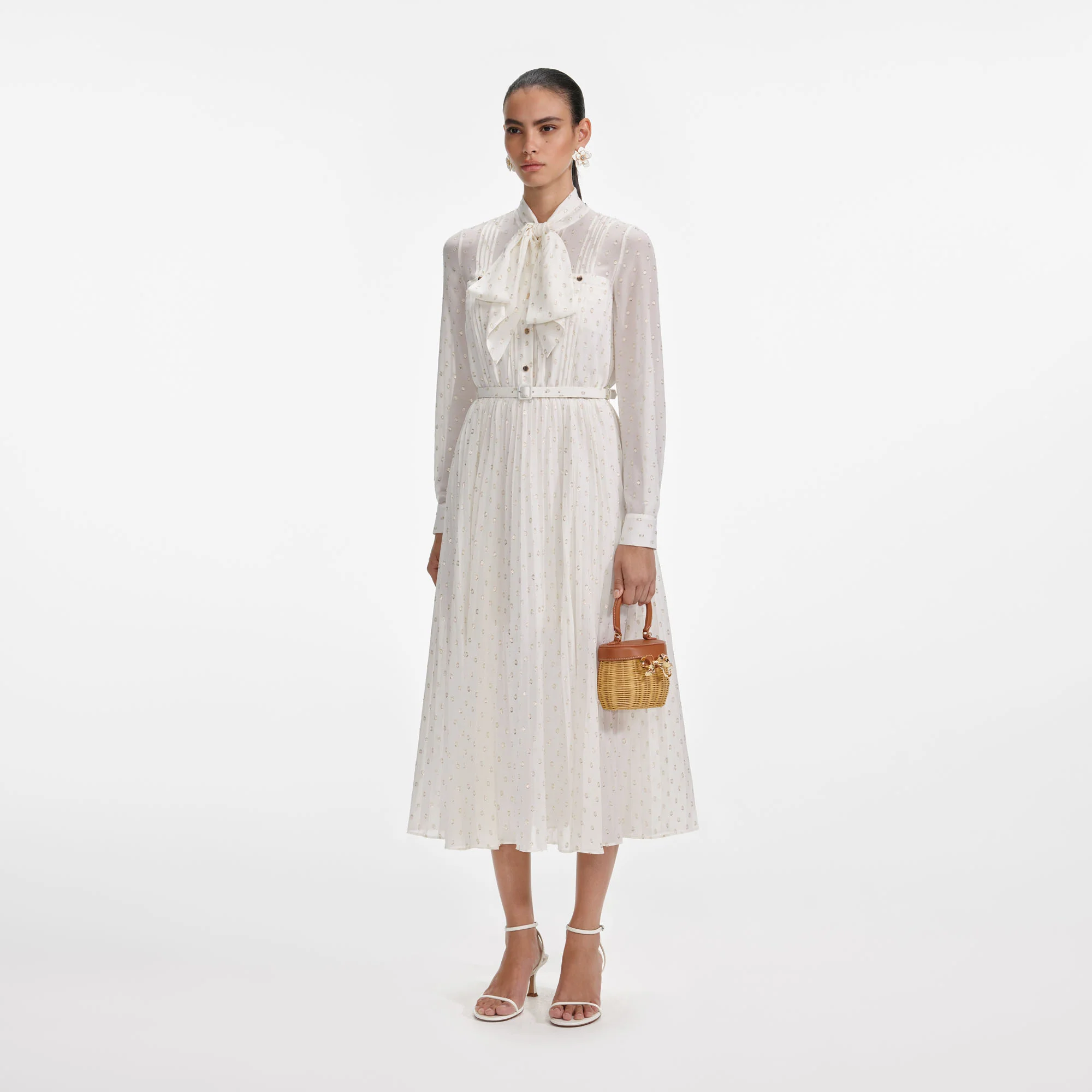 Cream And Gold Tie Neck Midi Dress - Image 2