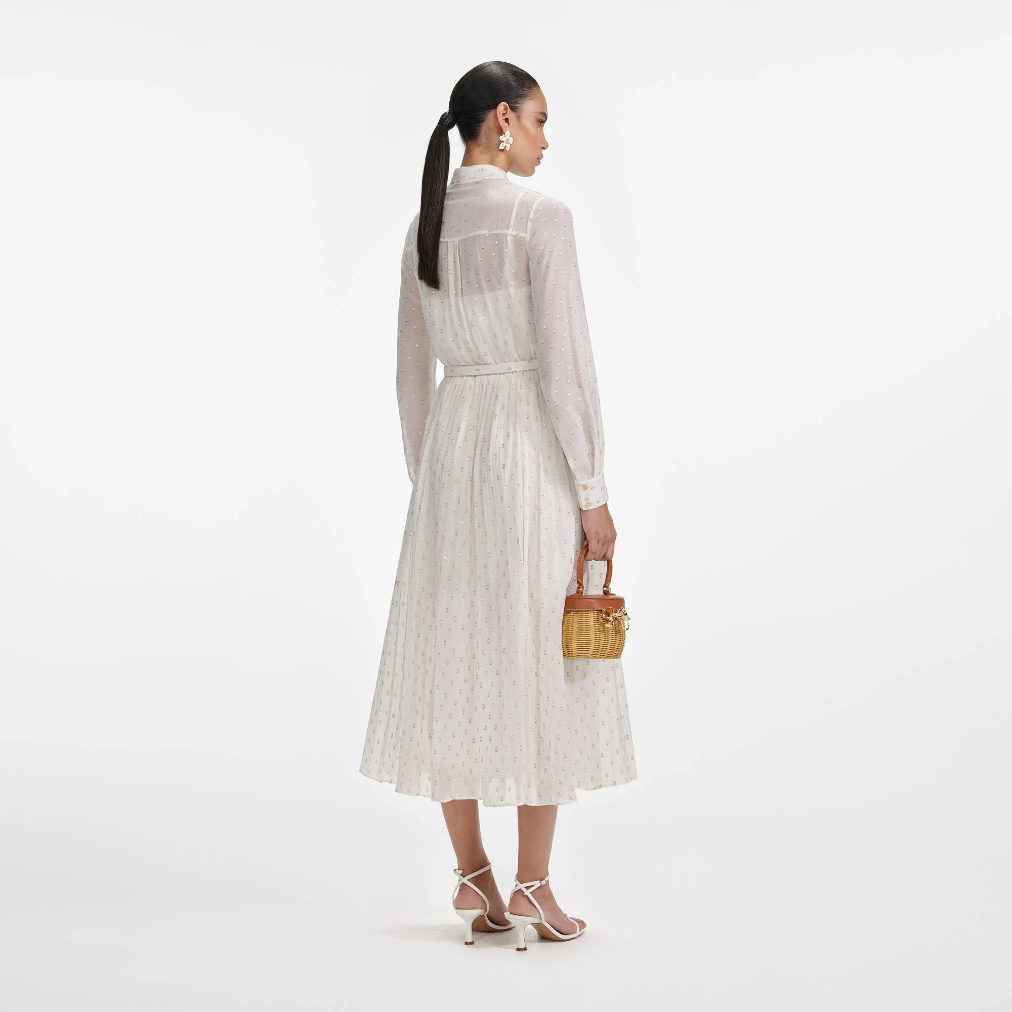 Cream And Gold Tie Neck Midi Dress - Image 3