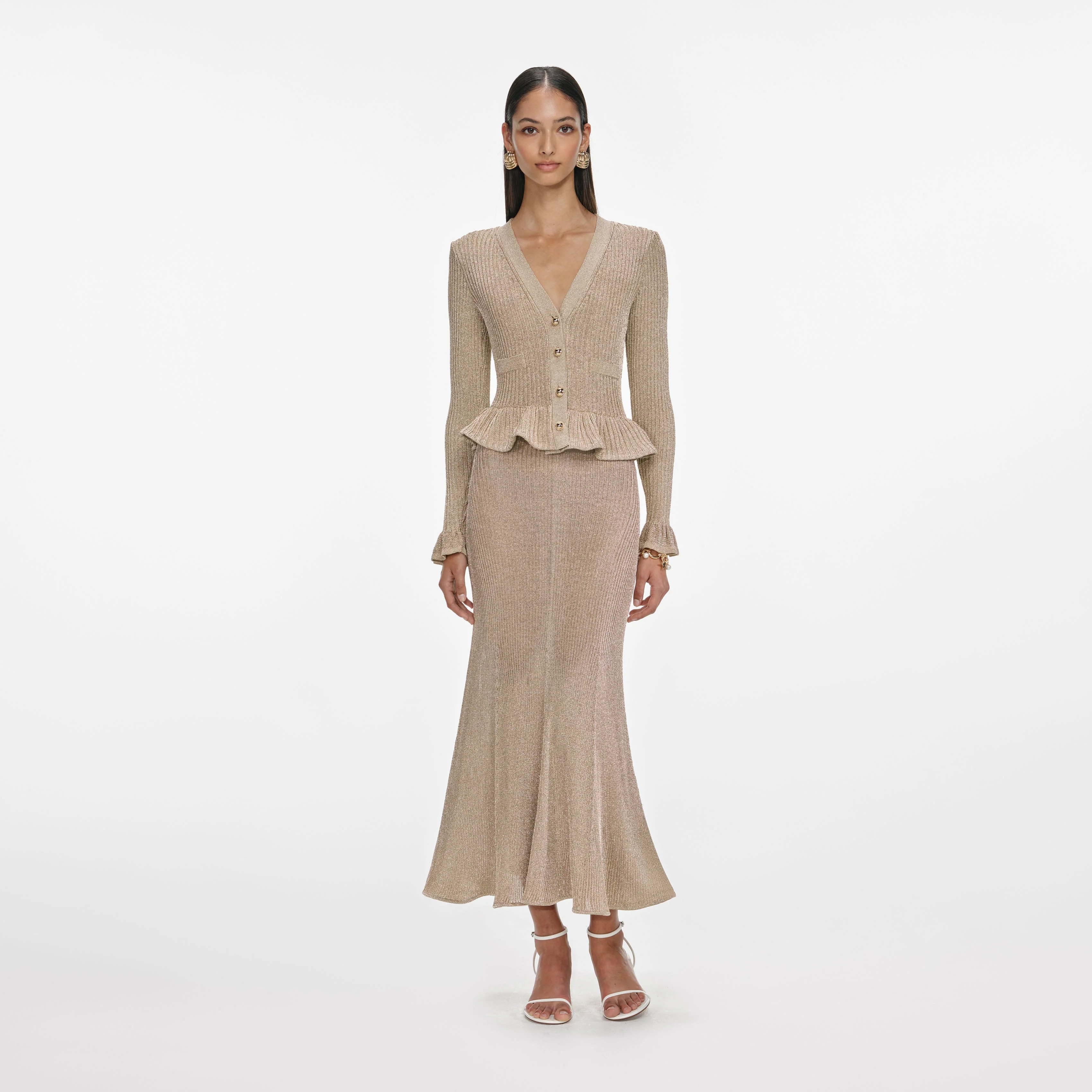 Gold Lurex Peplum Knit Midi Dress