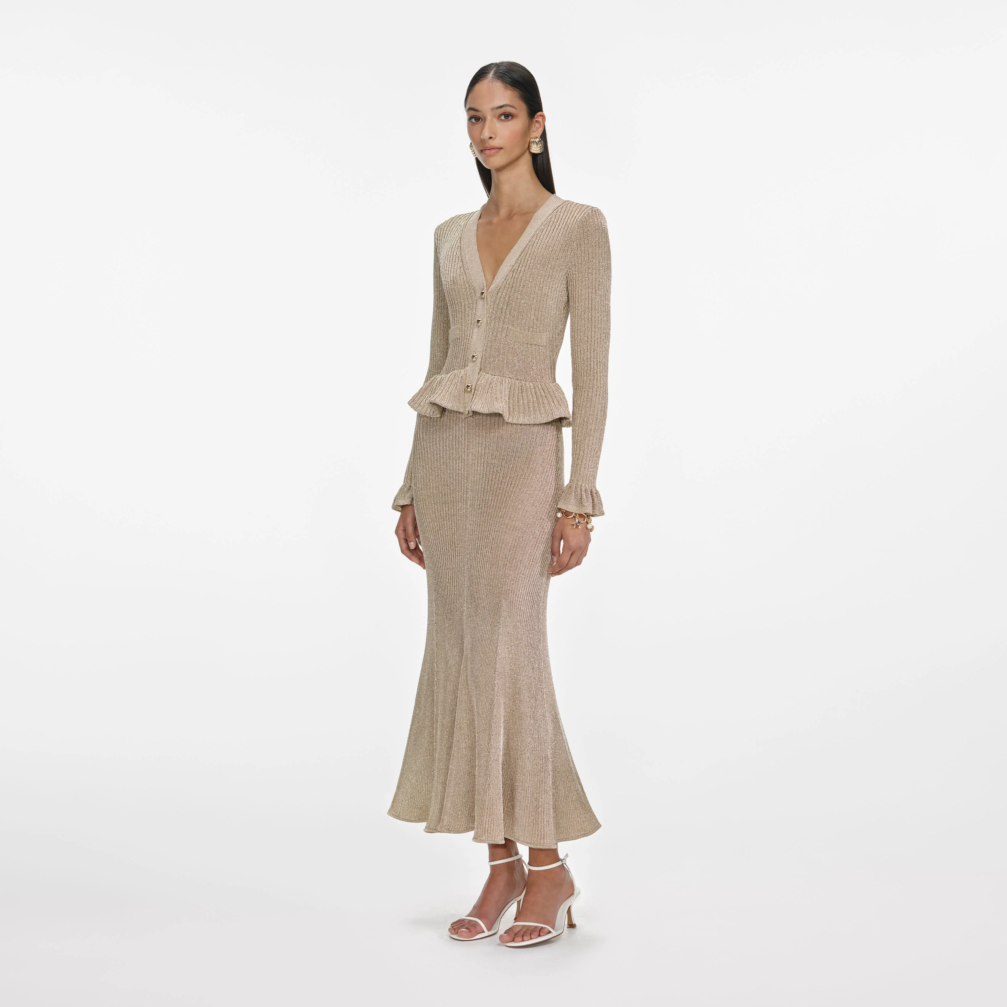 Gold Lurex Peplum Knit Midi Dress - Image 2