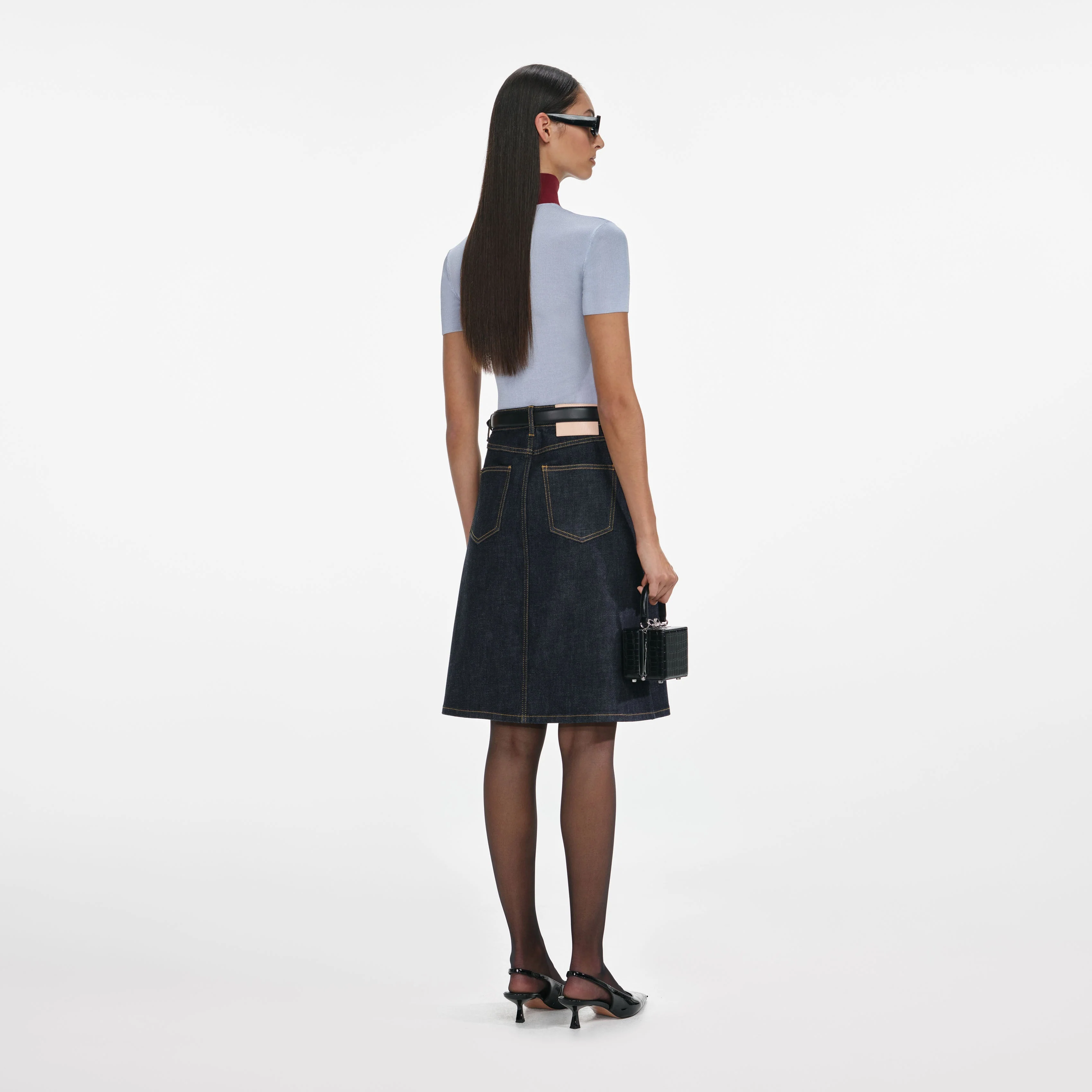 Indigo Denim Belted Midi Skirt - Image 3