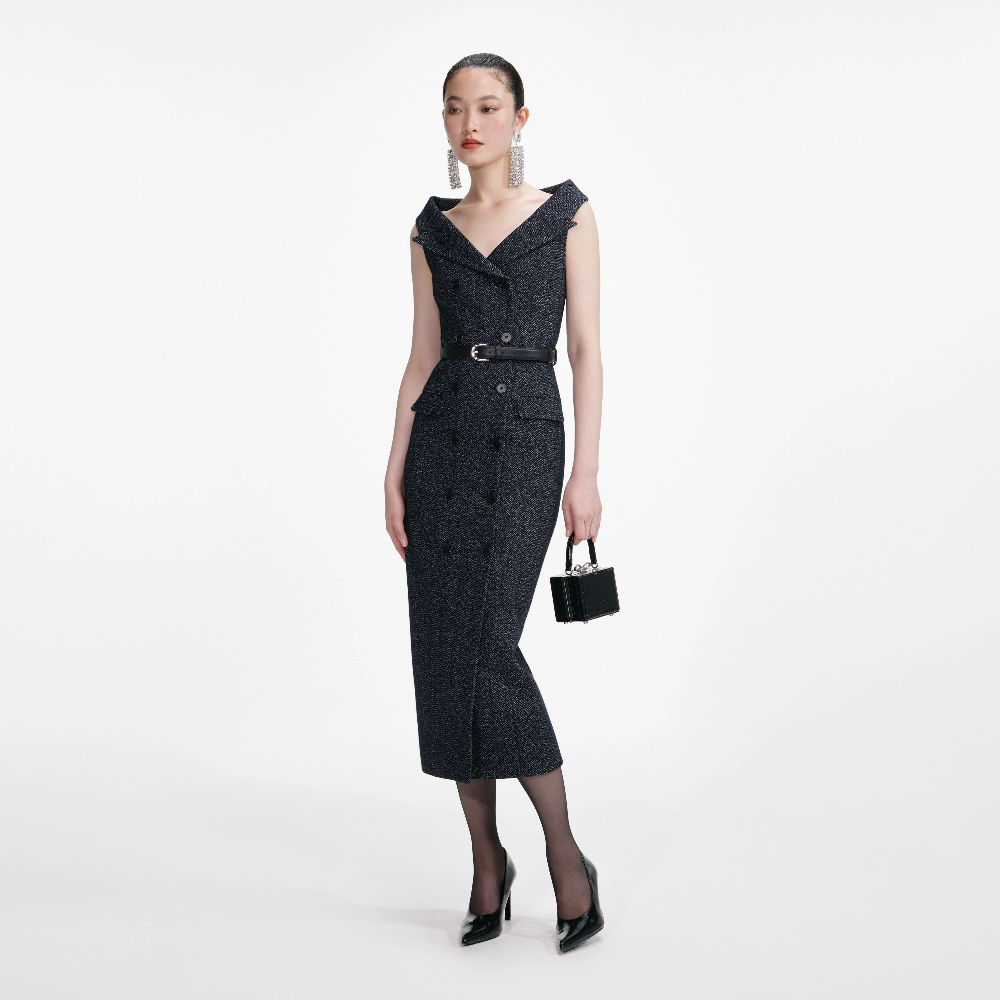 Navy Herringbone Wool Midi Dress - Image 2