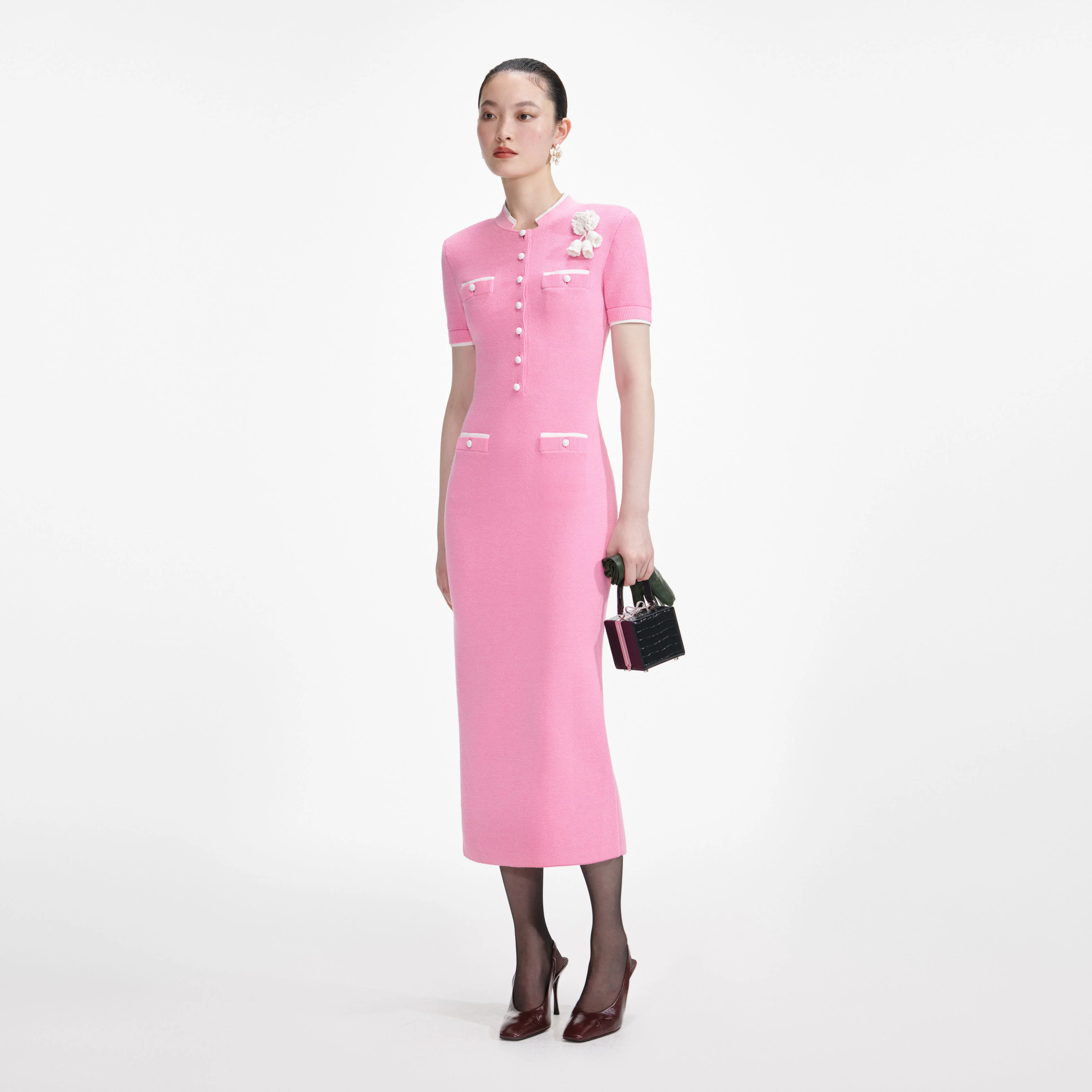 Pink Crochet Flower Knit Midi Dress - Image 2