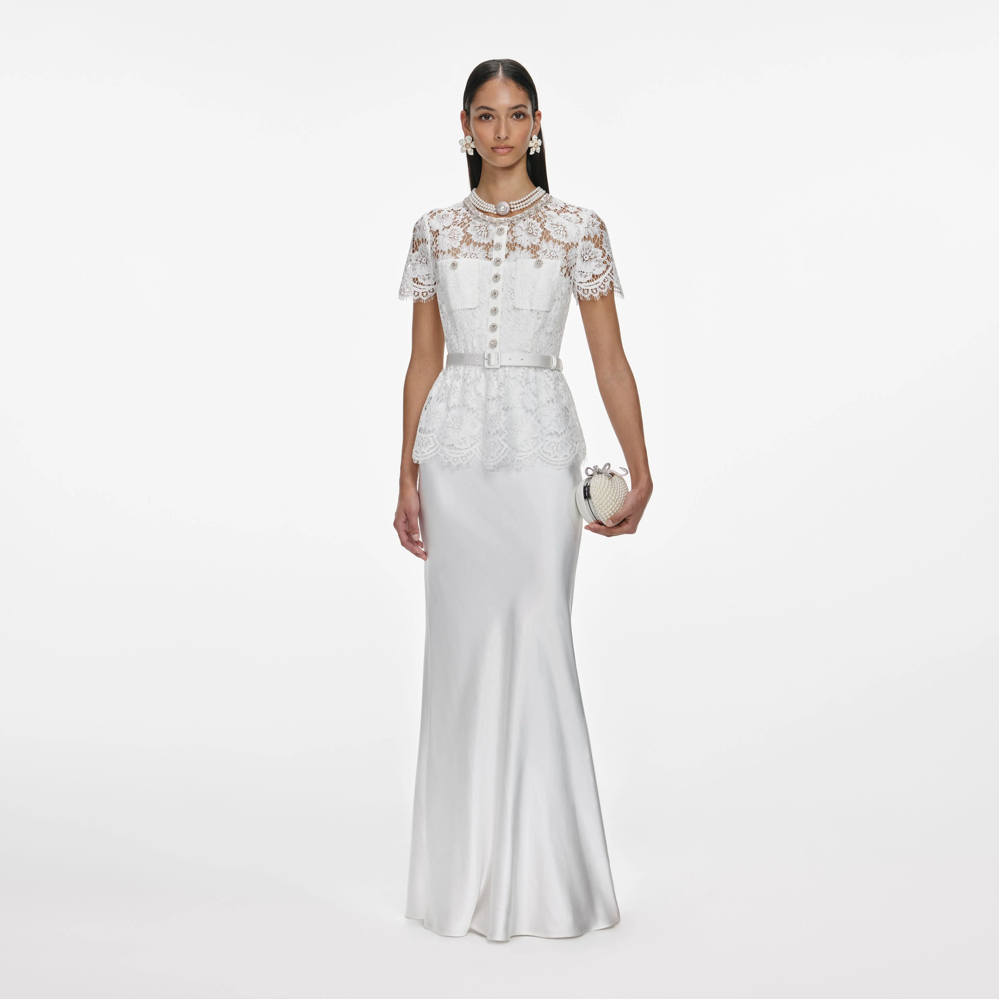 White Lace Satin Maxi Dress
