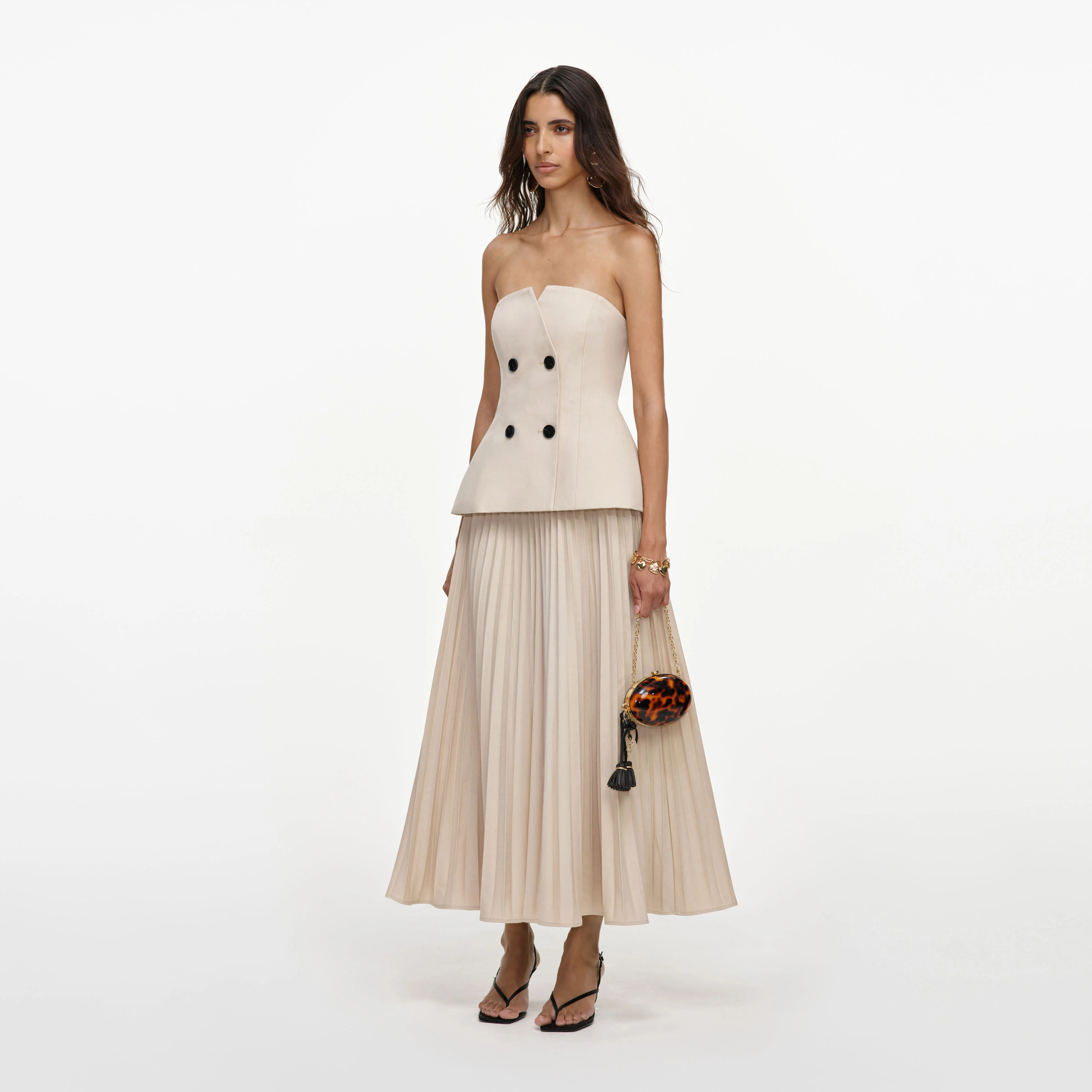 Beige Bandeau Pleated Midi Dress - Image 2