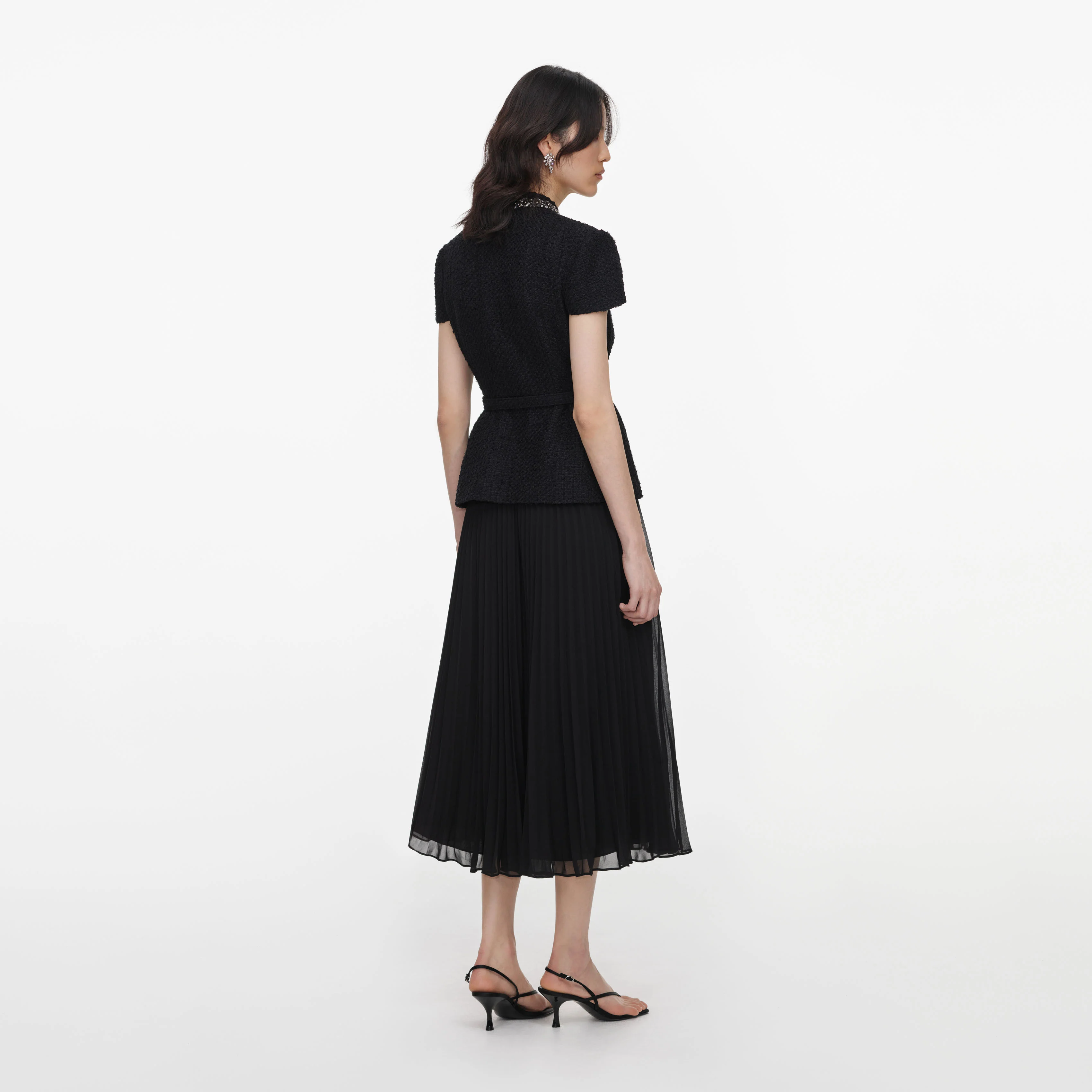 Black Boucle Crystal Trim Chiffon Midi Dress - Image 3