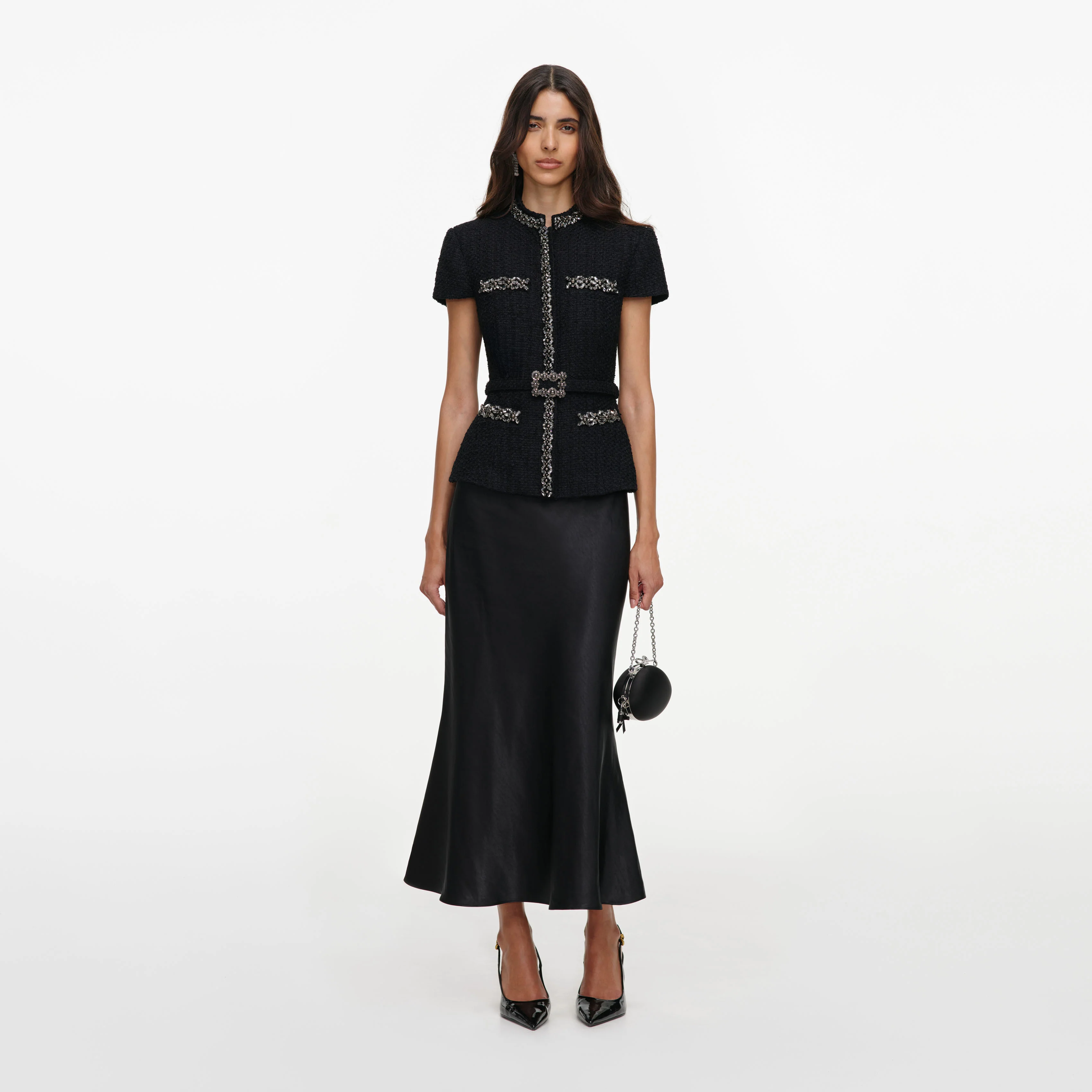 Black Boucle Crystal Trim Satin Midi Dress